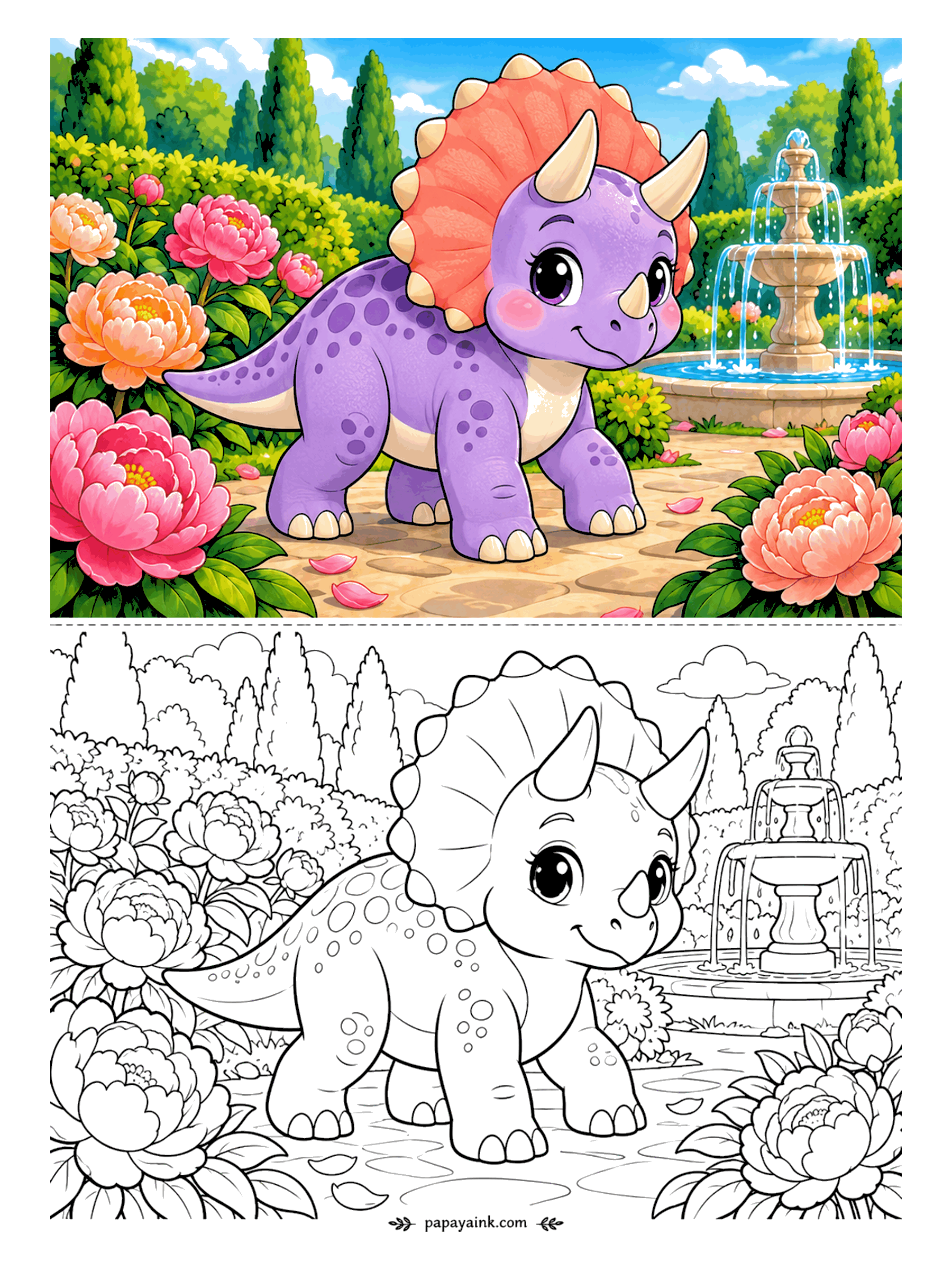 Cute Dinosaur Coloring Pages - Peonies this size make even a triceratops look small. She stops on the stone path to sniff the nearest bloom while the fountain splashes behind her. Layer two pinks on the petals and save your brightest coral for the frill.
