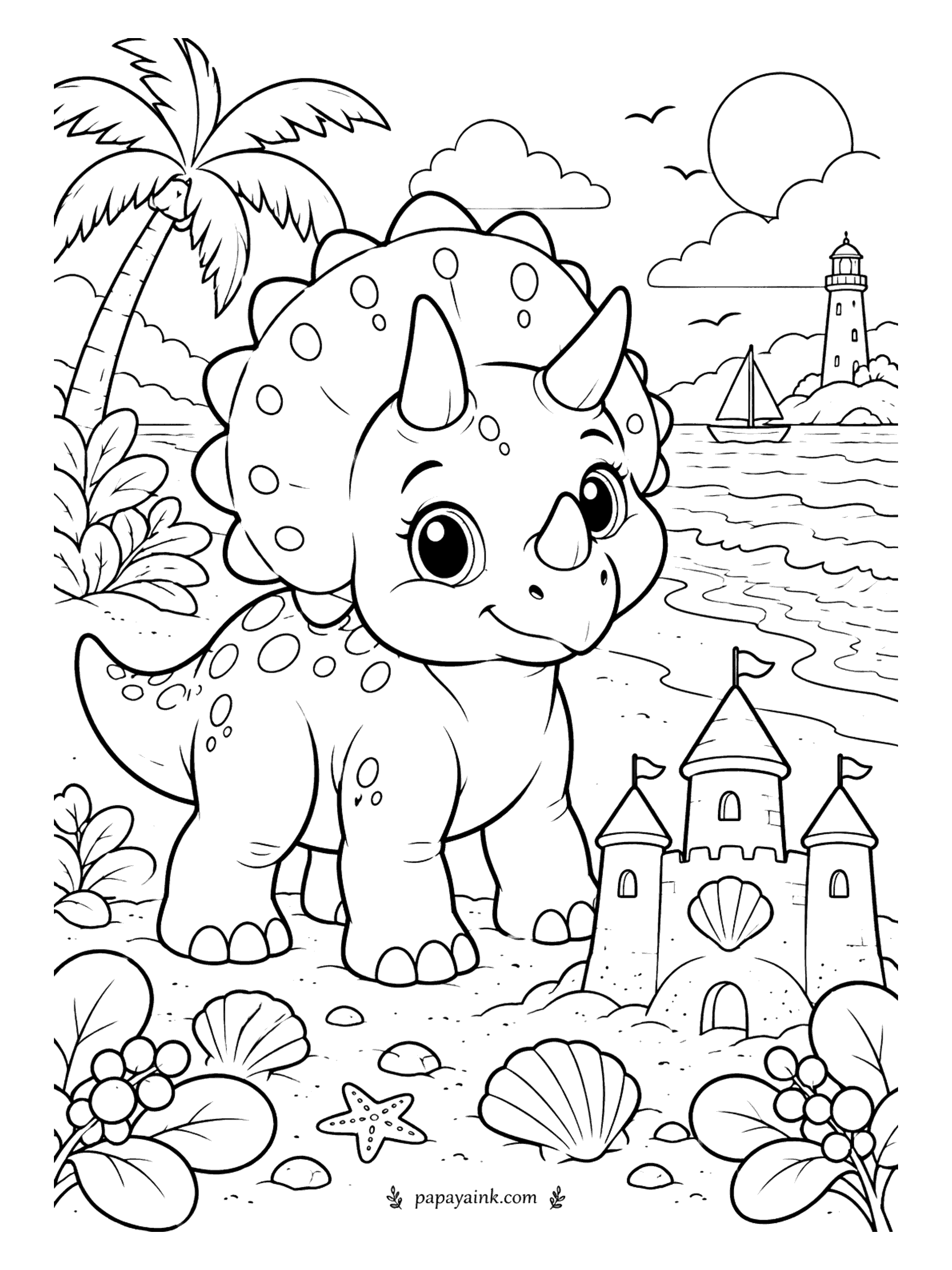 Cute Dinosaur Coloring Pages - Sandcastle inspection. The triceratops has come down to the shore to admire a three-tower castle, complete with flags and a scallop over the gate. A sailboat drifts past the lighthouse. Fill the frill spots in a second color.