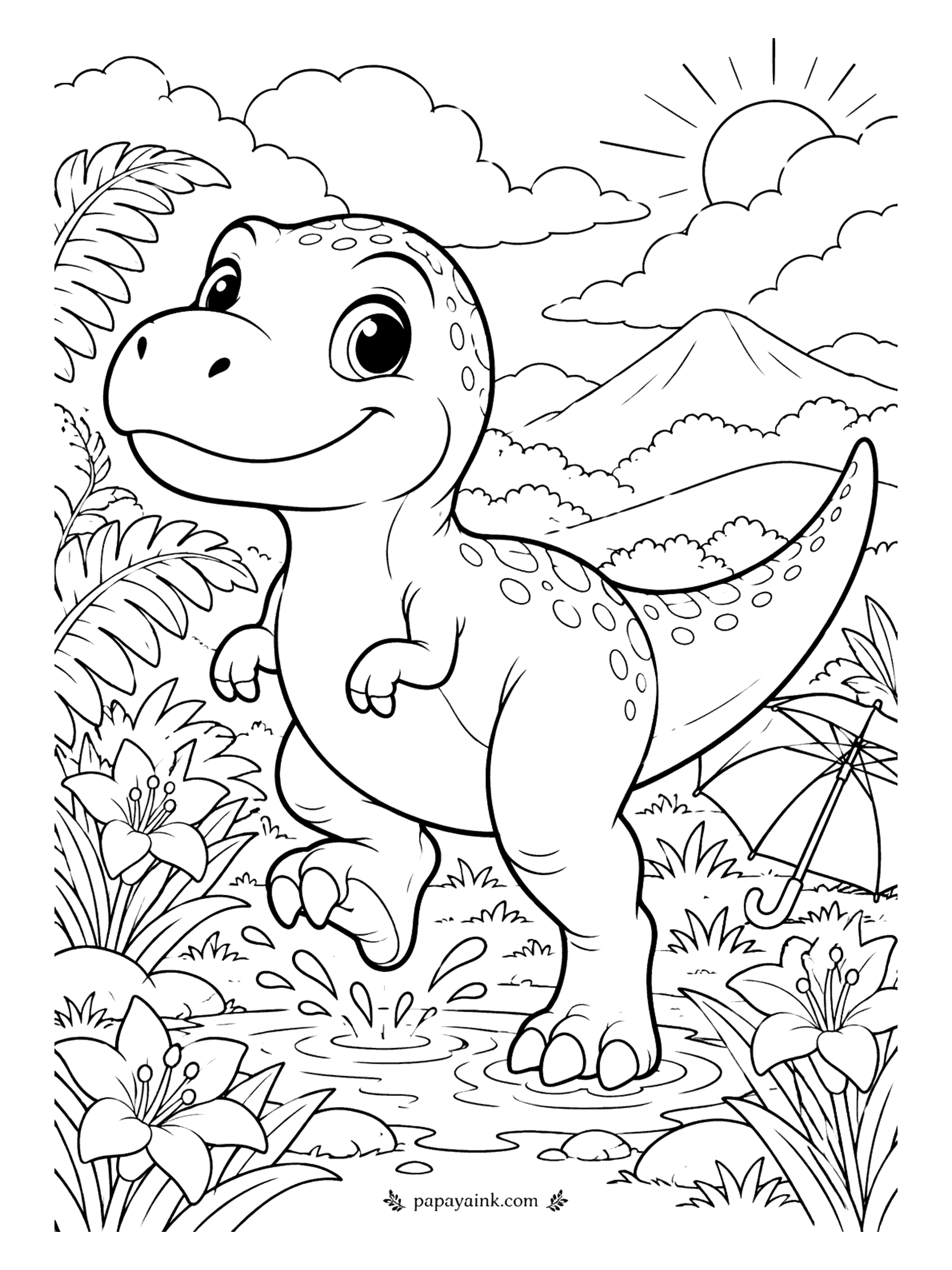 Cute Dinosaur Coloring Pages - Who needs an umbrella? This tyrannosaurus left his lying in the grass and jumped straight into the biggest puddle in the valley. Bold outlines and big shapes - a cheerful page for markers.