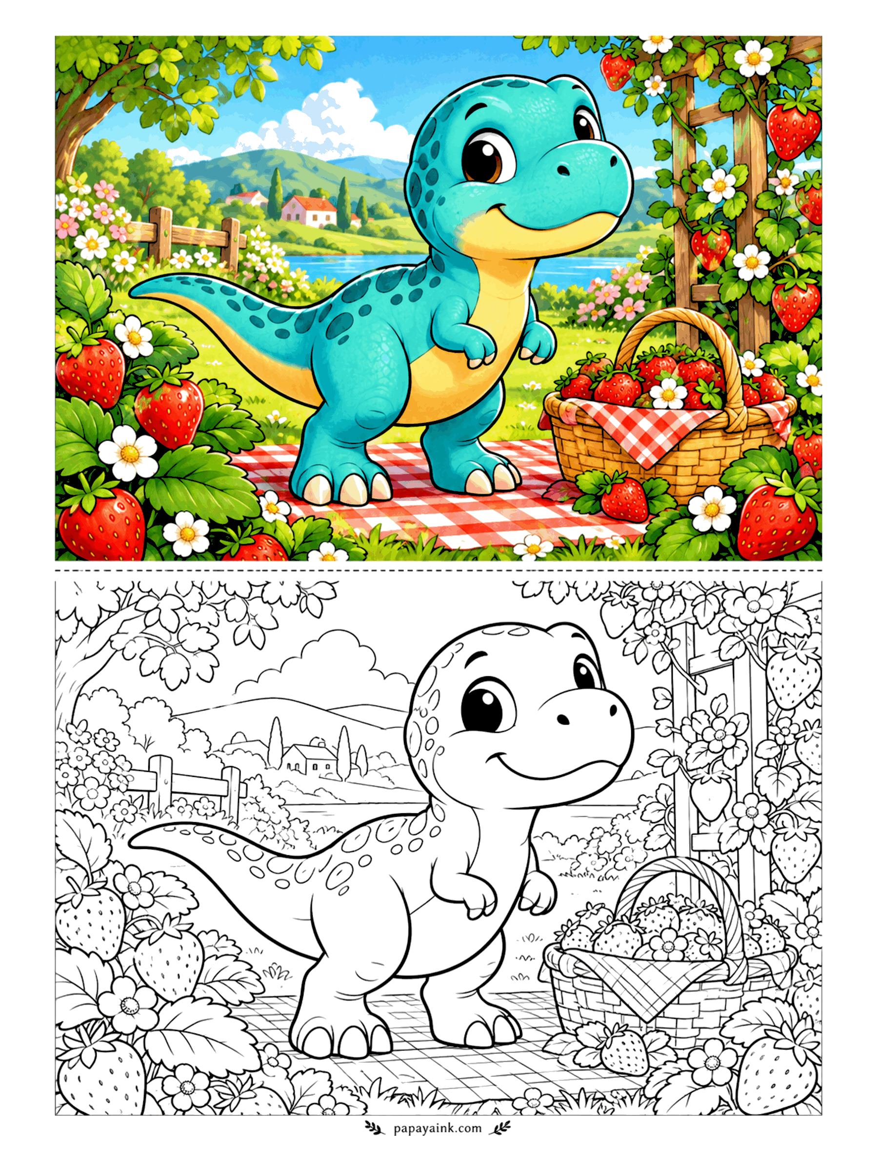 Cute Dinosaur Coloring Pages - Strawberry season, and the tyrannosaurus has claimed the picnic blanket. The basket is full, the gingham is spread, and the only thing missing is someone brave enough to share. Red berries against a teal dino - go bold.