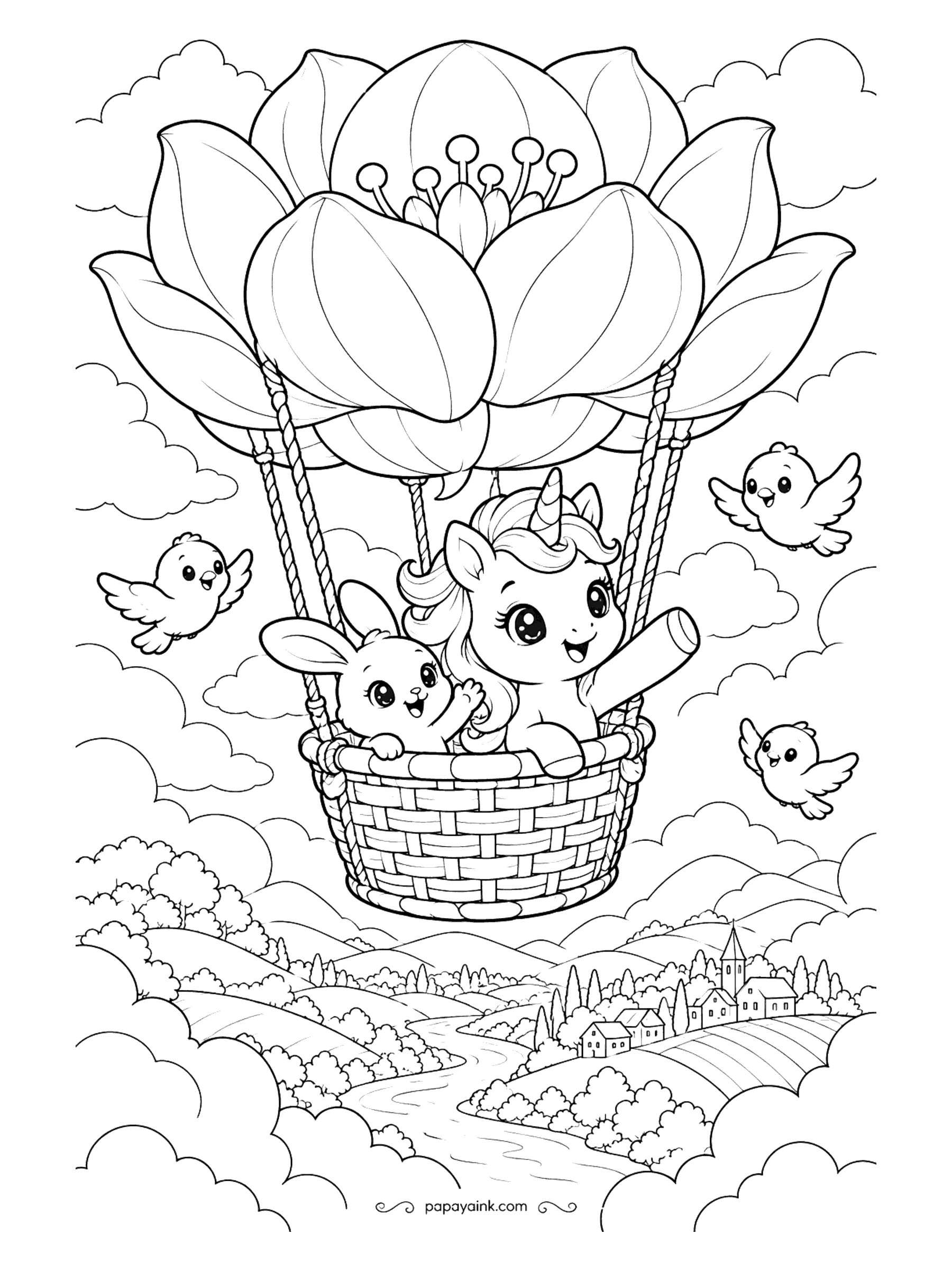 Cute Kawaii Coloring Pages - High above patchwork farmland, a unicorn and a long-eared friend ride in a wicker basket lifted by a giant blossom, with songbirds for company.