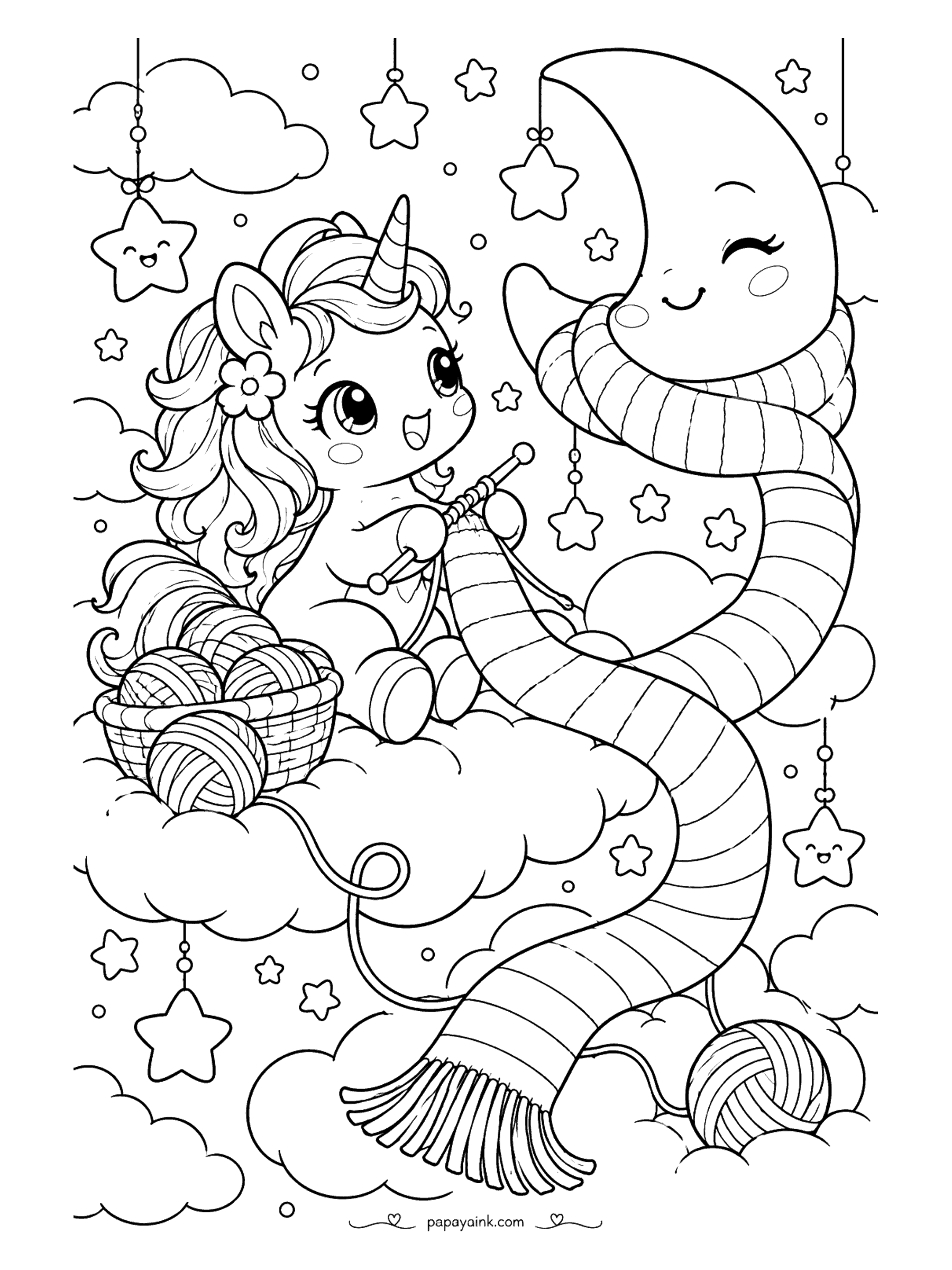 Cute Kawaii Coloring Pages - Knitting on a cloud, a baby unicorn loops a striped scarf around a sleepy crescent moon while yarn balls tumble past dangling star charms.