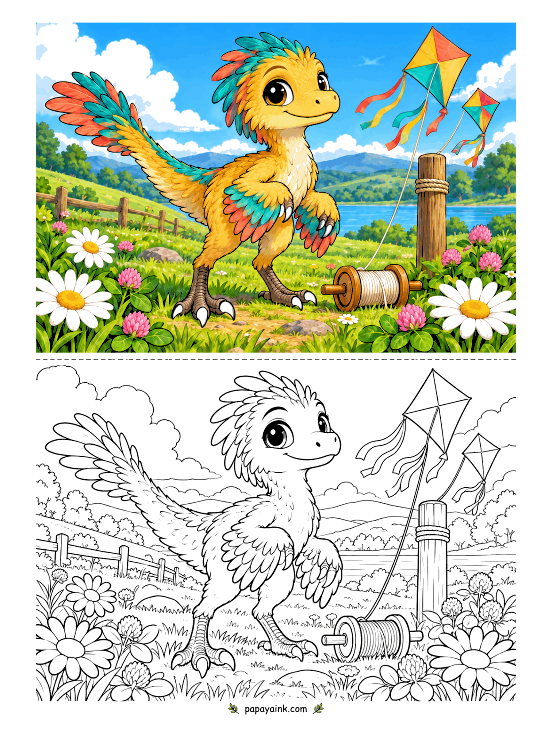 Cute Dinosaur Coloring Pages - Feathers everywhere, and two kites tugging at the line - this velociraptor has the windiest spot in the meadow. The spool rests in the clover by the fence post. Rainbow plumage means no color is wrong here.