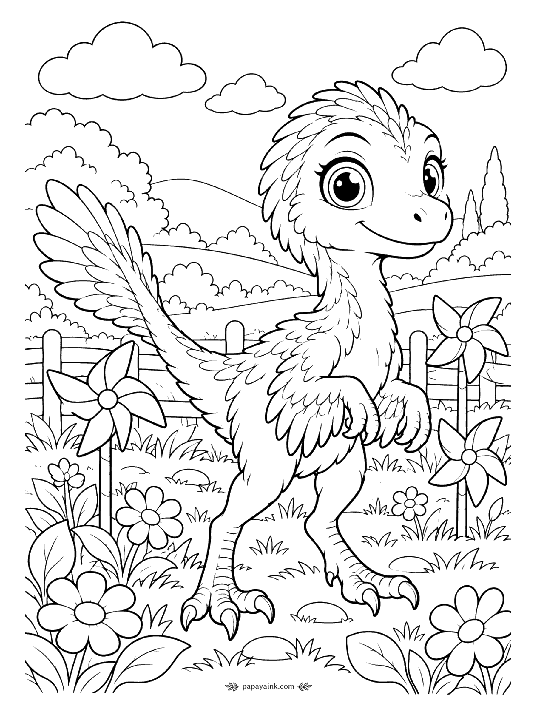 Cute Dinosaur Coloring Pages - Garden pinwheels spin, and the velociraptor spins right along with them, wings out and claws ready. Daisies grow along the fence. Each feather is its own small shape, so this one rewards patience.