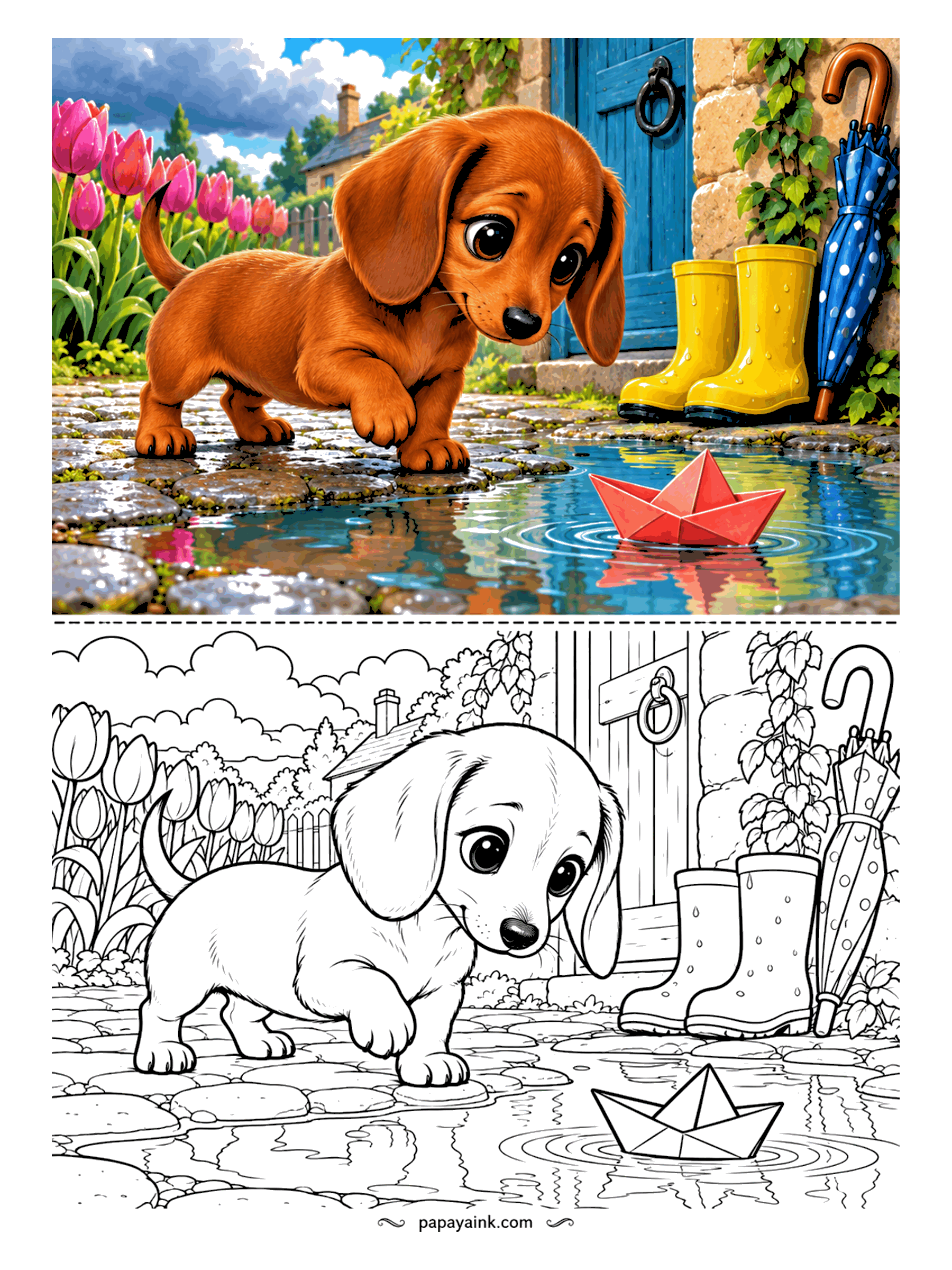 Puppy Coloring Pages - After the rain. A dachshund puppy studies a paper boat drifting in a puddle beside a pair of rubber boots and a polka-dot umbrella. Try cool blues in the water and warm browns on the stones so the puppy stays the warmest thing on the page.