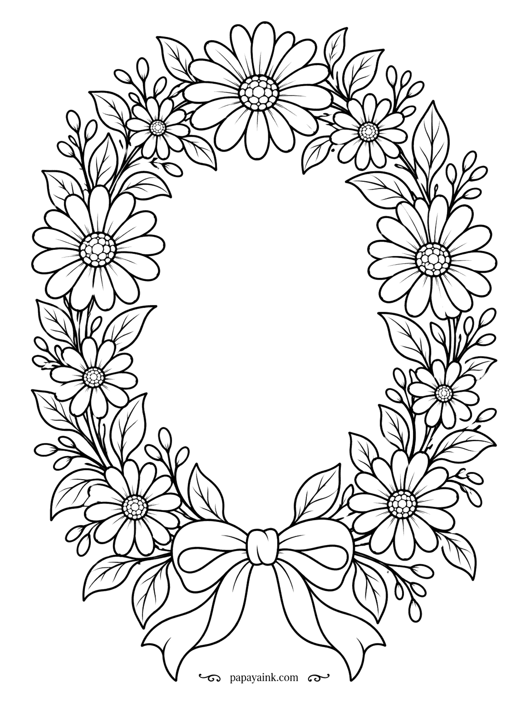 Flower Coloring Pages - A ring of daisies and leafy sprigs, tied at the bottom with a big ribbon bow. The empty middle is left for you: write a name, a date or a short note inside. Sunny centers, pale petals.