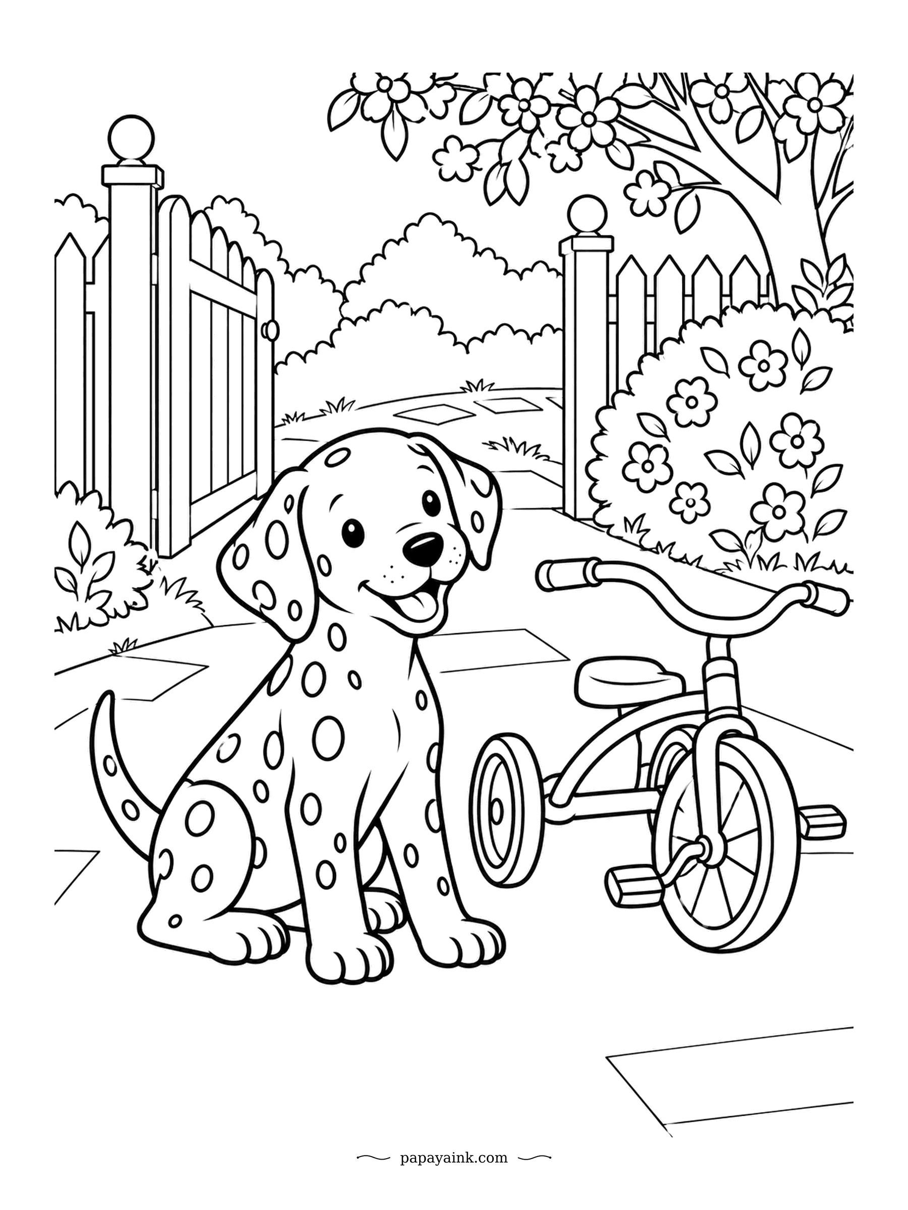 Puppy Coloring Pages - Dalmatian puppies are born pure white; the spots arrive over the first few weeks. This one has its full set and poses proudly by a little tricycle near the garden gate. Big shapes, quick to finish.