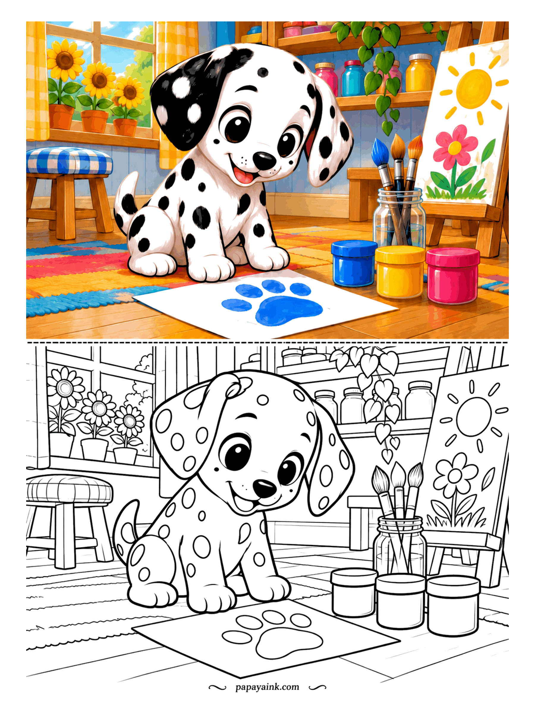 Puppy Coloring Pages - One blue paw print, and the Dalmatian puppy is calling it art. Paint jars, a cup of brushes and an easel fill the studio behind him. The spots are already black, so everything else on the page is yours.