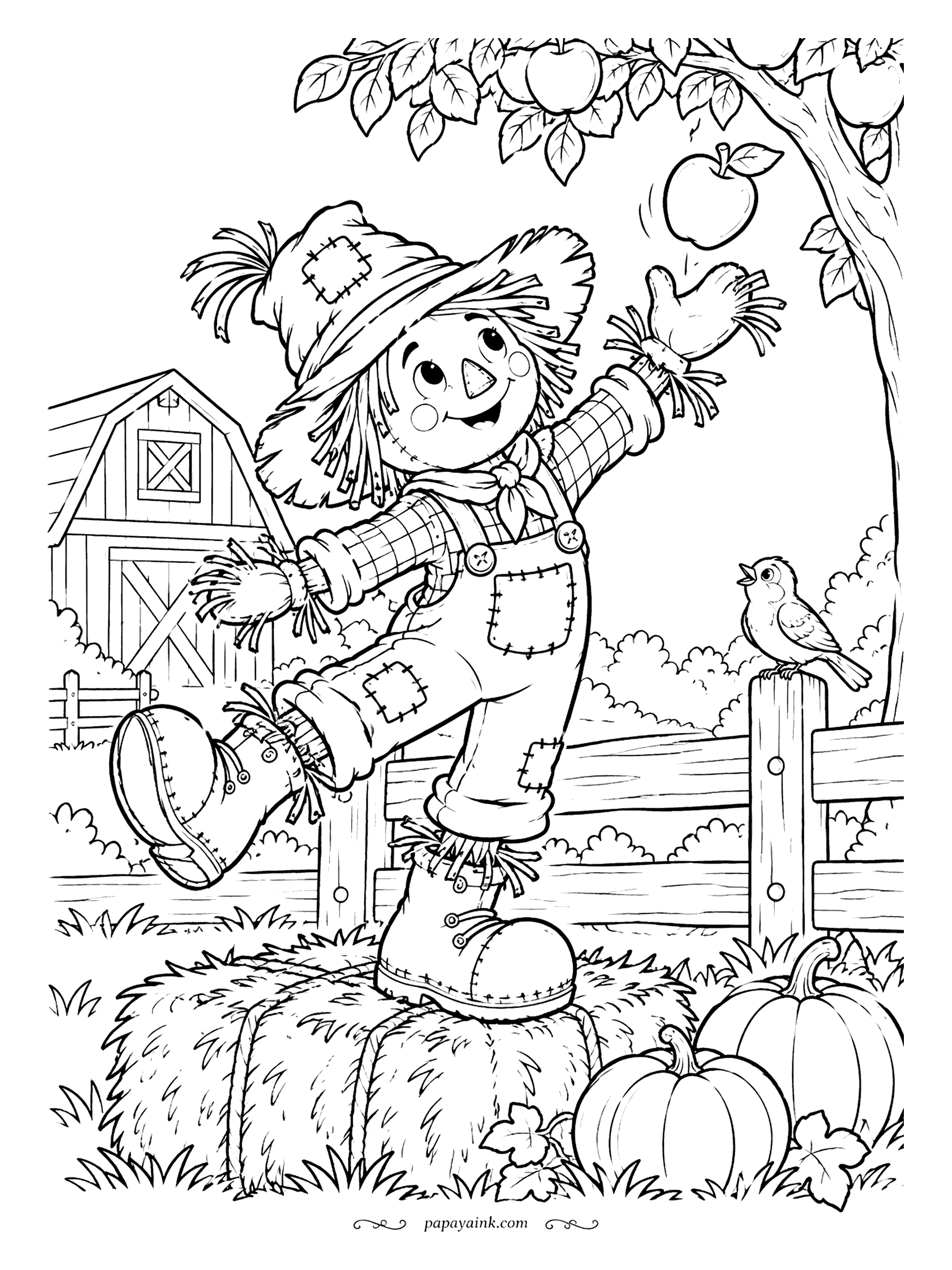 Scarecrow Coloring Pages - One boot on a hay bale, the other kicked high, both arms up for an apple dropping from the branch. A songbird on the rail seems to be cheering him on. Lively cartoon style, great for markers.
