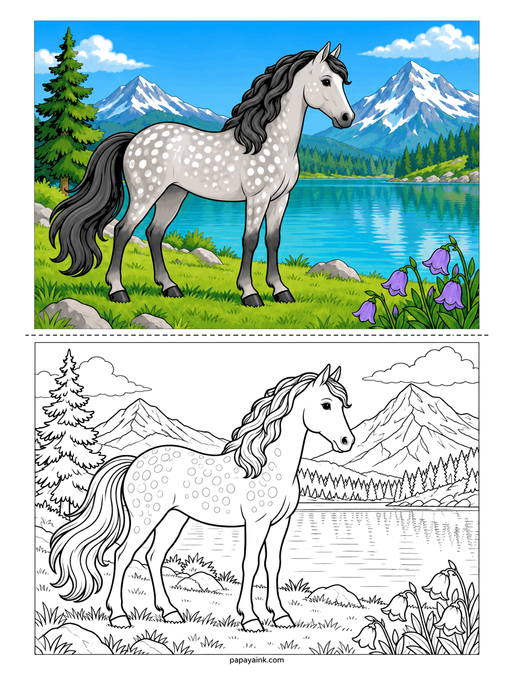 Horse Coloring Pages - The dapple gray has the best view in the set: a turquoise lake, snow on the peaks, a lone spruce and bluebells at his hooves. Dapples are a pattern of pale rings over gray - dot them in with a light pencil before any shading goes on.