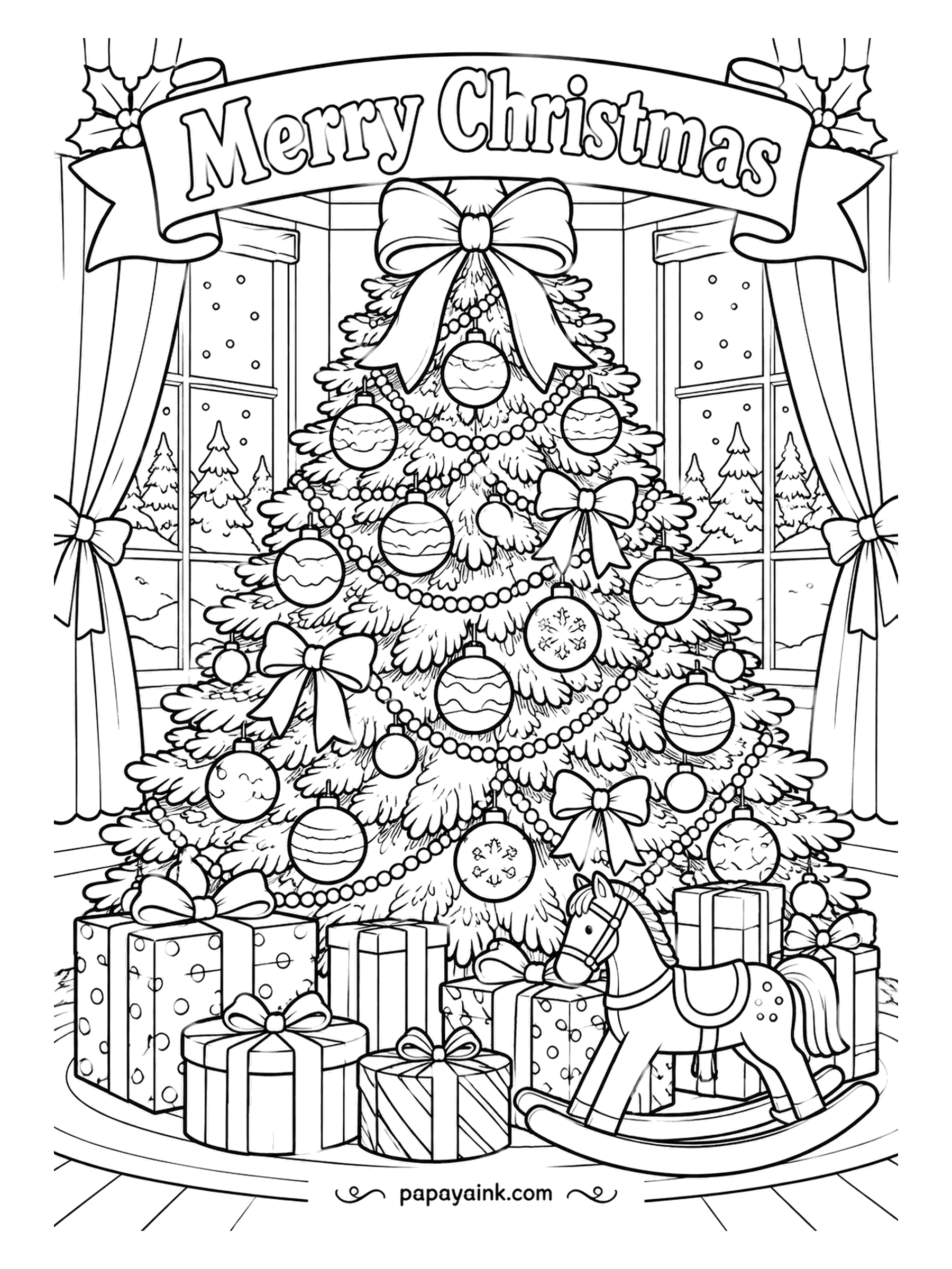 Merry Christmas Coloring Pages - Somebody tied the top bow before the star could get there, and nobody is arguing. Bead garlands loop between striped baubles, and a rocking horse waits among the boxes. Detailed - start with the ornaments, then fill the branches around them.