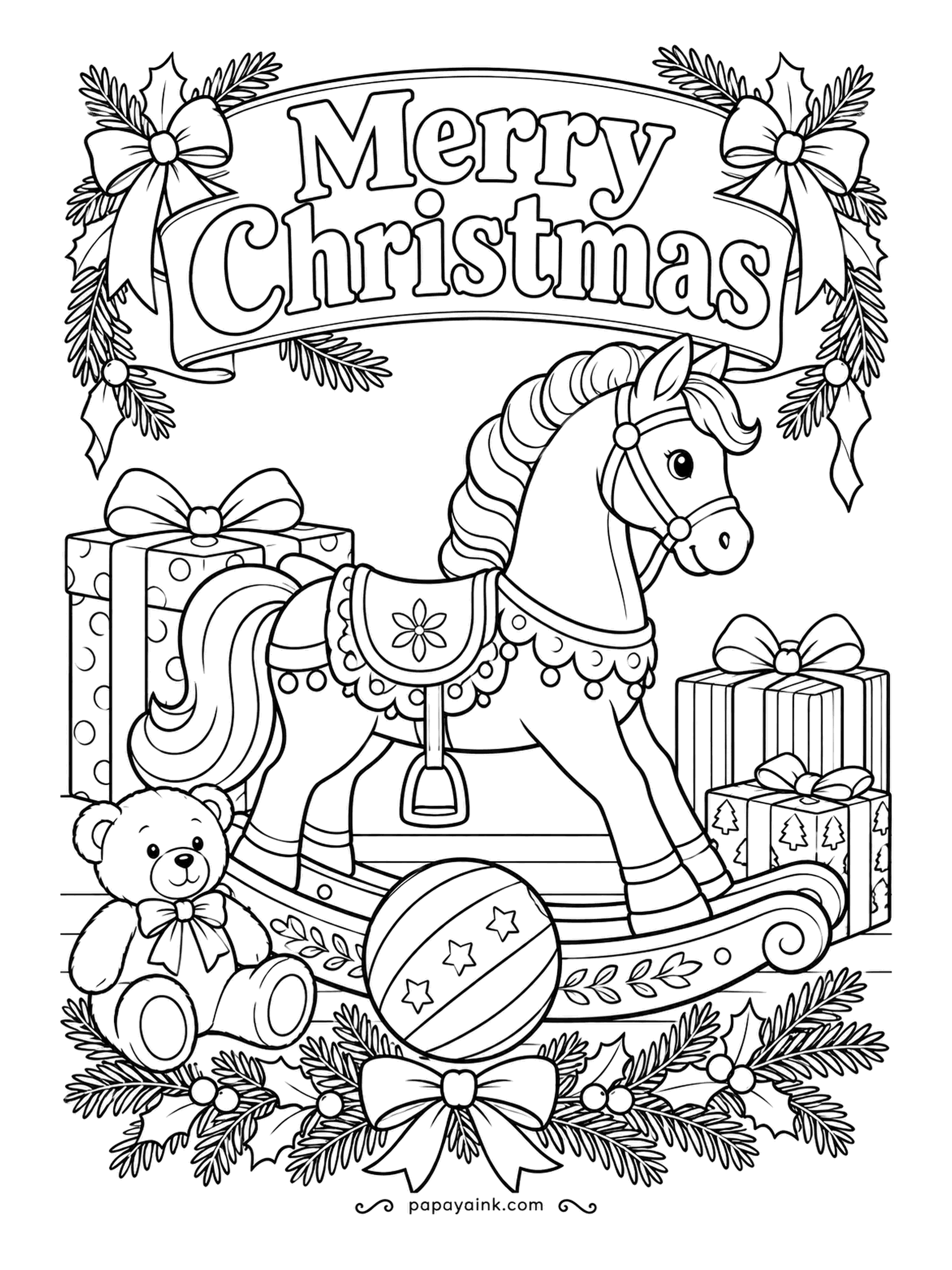 Merry Christmas Coloring Pages - Scalloped saddle, curled mane, painted rockers - a toy built to be handed down. A teddy bear and a star-patterned ball sit beside it among the presents. Detailed - the mane takes two colors nicely, stroke by stroke.