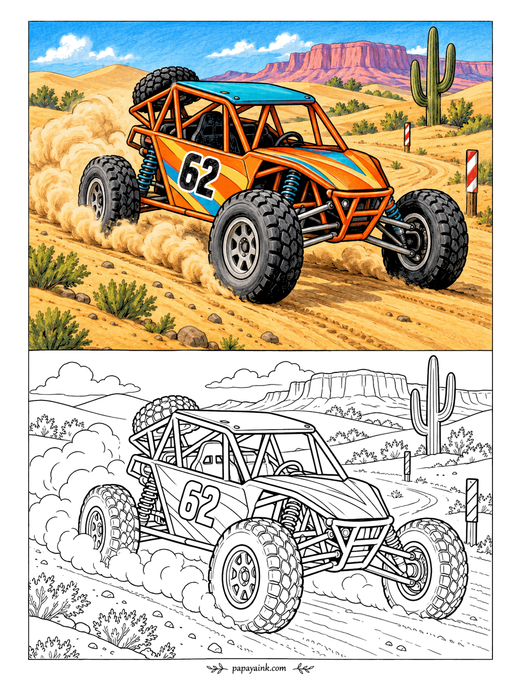 Race Car Coloring Pages - The trail goes past a saguaro and a red mesa; the dust goes everywhere else. Long-travel shocks, a roll cage and a spare tire strapped behind keep the desert buggy in one piece. Detailed - lots of tread.