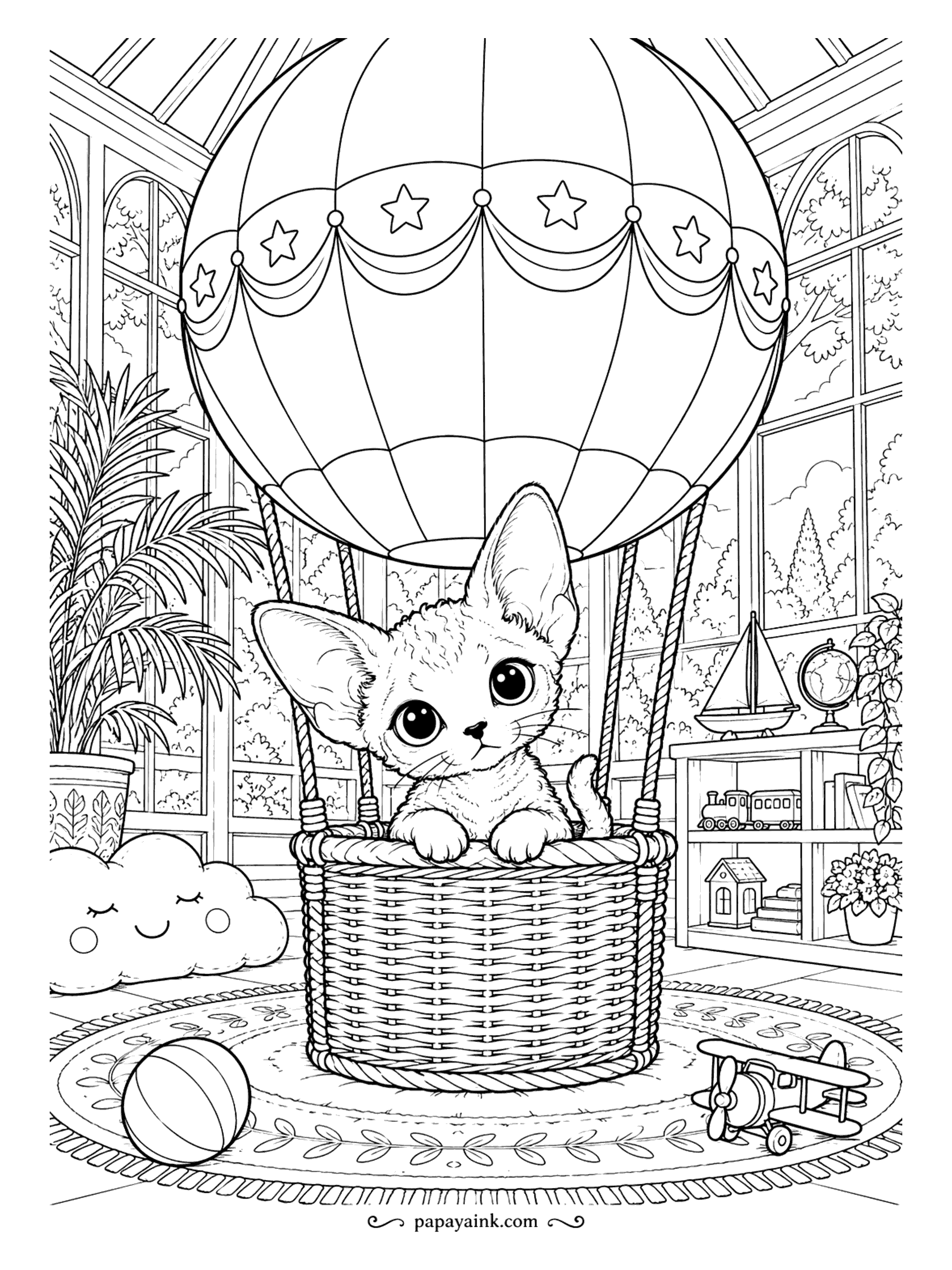 Kitten Coloring Pages - The toy hot-air balloon never leaves the playroom, but the Devon Rex kitten in the basket is dressed for altitude anyway. Stars on the balloon, a cloud cushion, a toy plane and a globe on the shelf. Stripe the balloon in alternating colors.