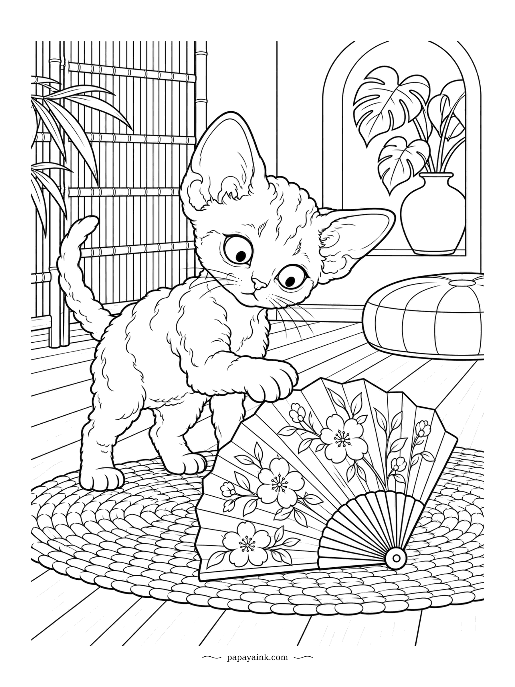 Kitten Coloring Pages - Paper fan painted with cherry blossoms, one paw holding it flat, bamboo screen behind, monstera in the window. Devon Rex kittens have the biggest ears relative to their heads of almost any breed. The blossoms on the fan deserve the finest pen you own.