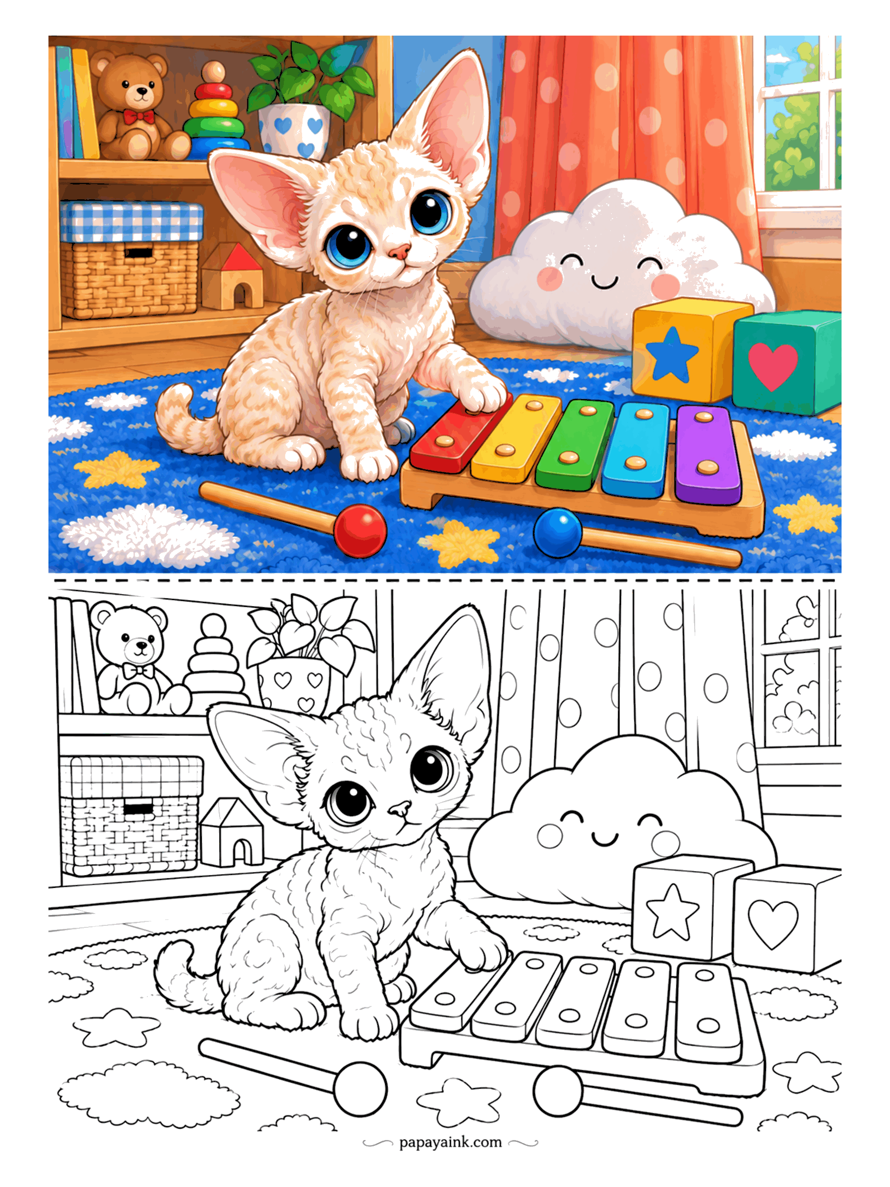 Kitten Coloring Pages - Red, yellow, green, blue, purple: the Devon Rex kitten is working out the xylophone one bar at a time. Big ears, curly cream coat, a smiling cloud pillow and blocks on the starry rug. The bars run in rainbow order - a good page for learning it.