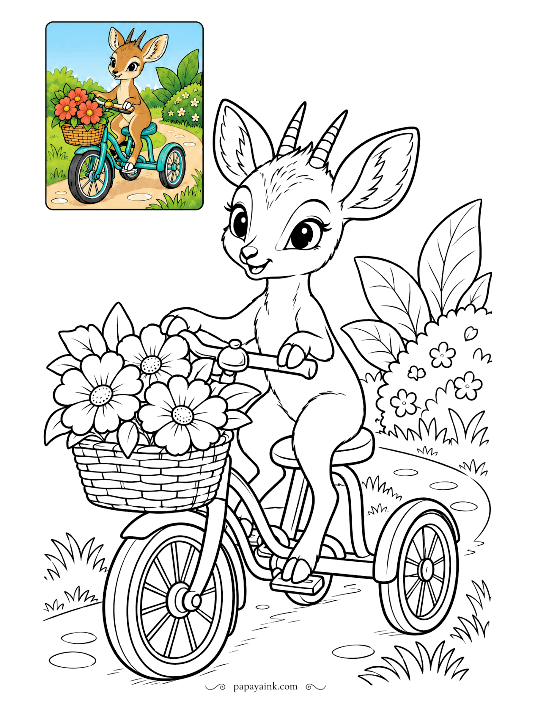 Color Guide Coloring Pages - Dik-diks rank with the smallest antelopes, barely knee-high to a person - small enough for a tricycle with a basket full of flowers. The path winds past bushes and broad leaves. Golden-tan coat, a teal trike as in the sample.