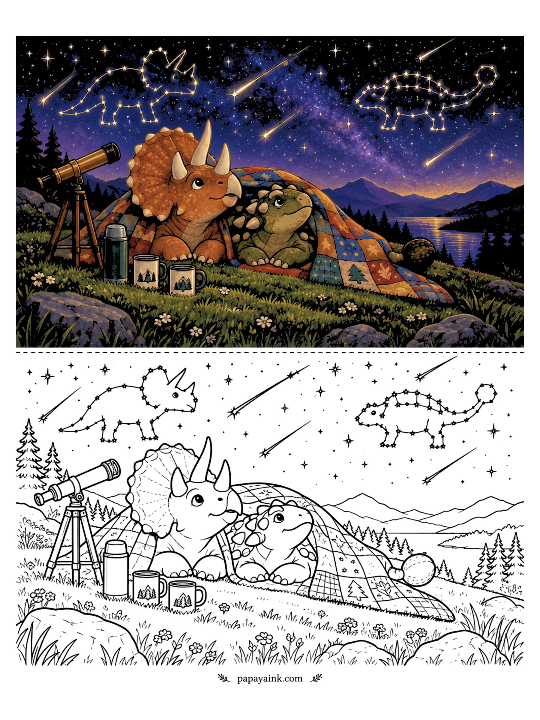 Cute Dinosaur Coloring Pages - A triceratops and an ankylosaurus share a patchwork quilt under a sky of shooting stars and dinosaur constellations, with a telescope and camp mugs nearby.