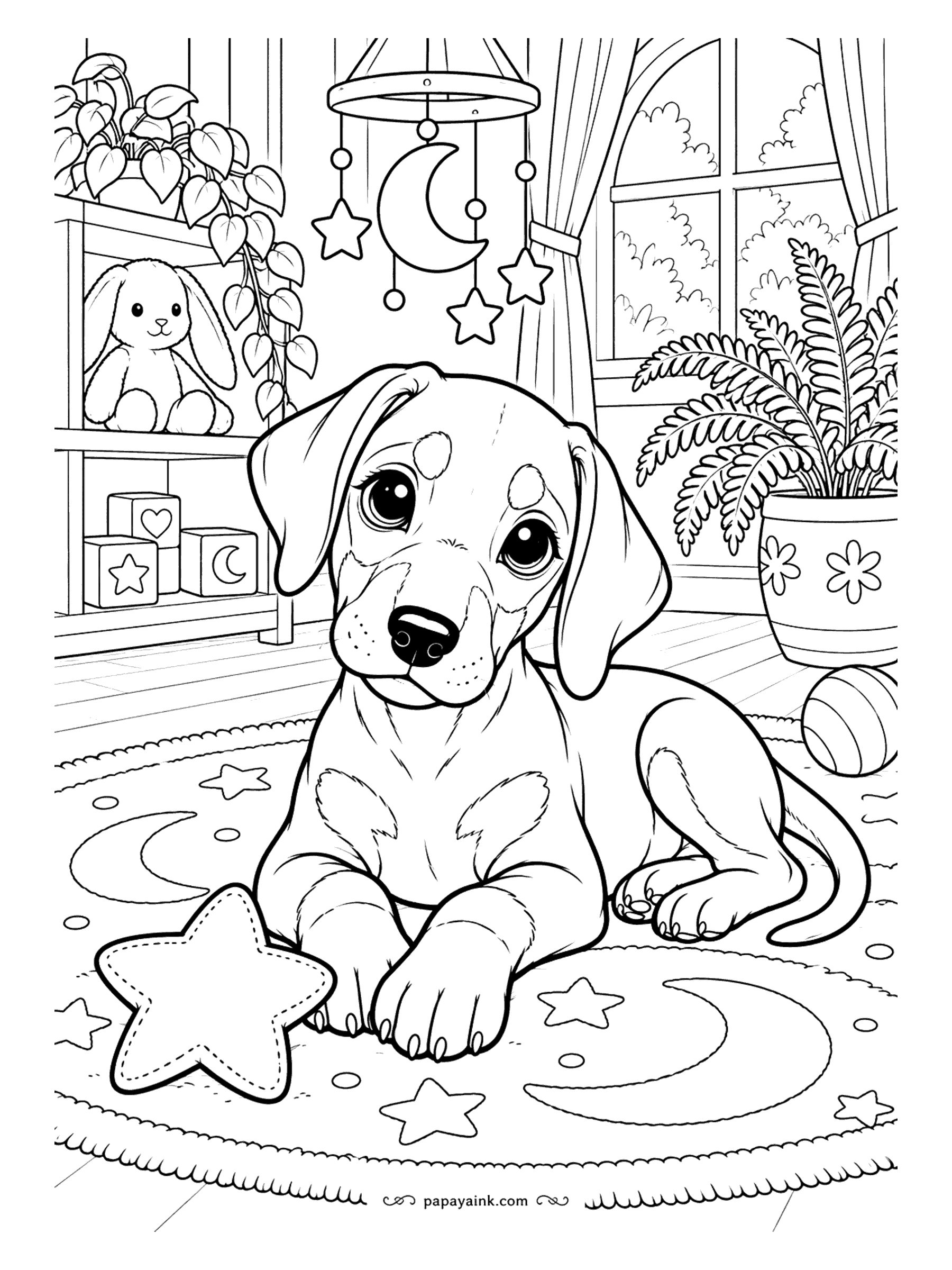 Puppy Coloring Pages - A Doberman puppy, all paws and ears, lies on the nursery rug under a paper moon-and-stars mobile, a toy bunny on the shelf. Big calm shapes - try midnight blue on the rug and leave the stars white.