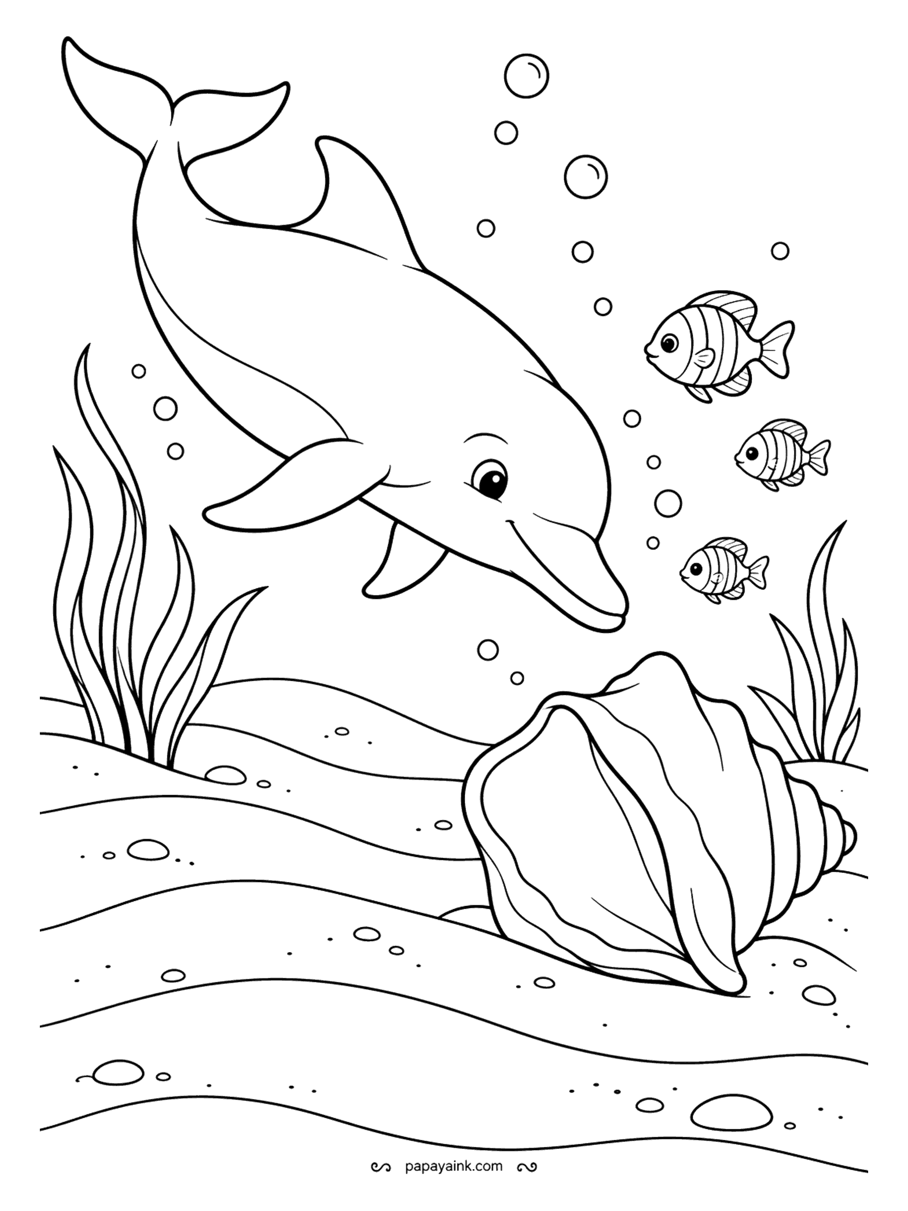 Dolphin Coloring Pages - Is anyone home? The dolphin swoops down to check a giant conch shell lying in the rippled sand, while three striped fish wait for the answer. Few details and wide spaces - a good page for a short break.