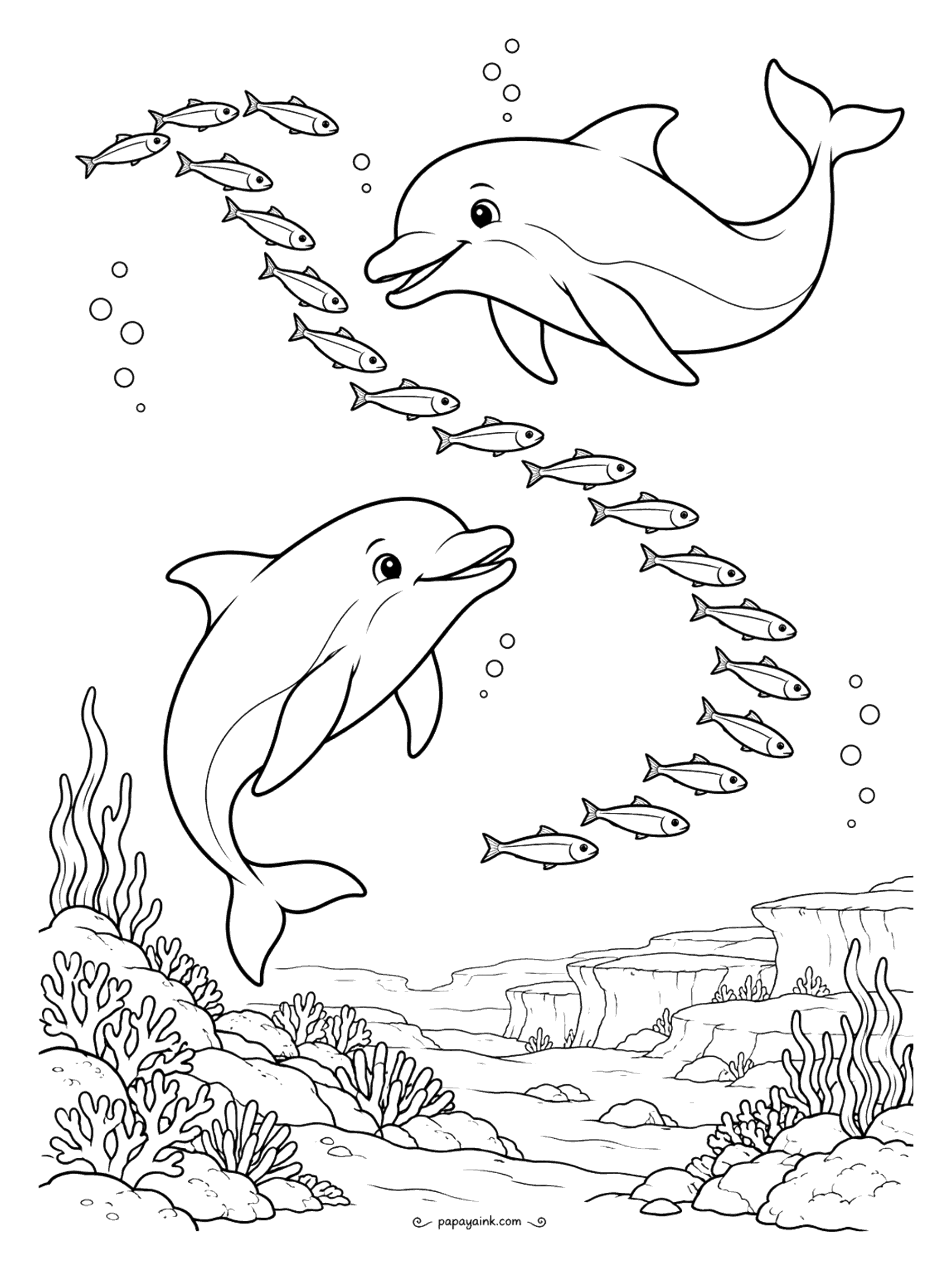 Dolphin Coloring Pages - Sardines travel as one long silver ribbon, and two dolphins are herding it into a loop - a real hunting trick, minus the dinner in this version. Small repeated fish over open water and a low reef. Medium detail.