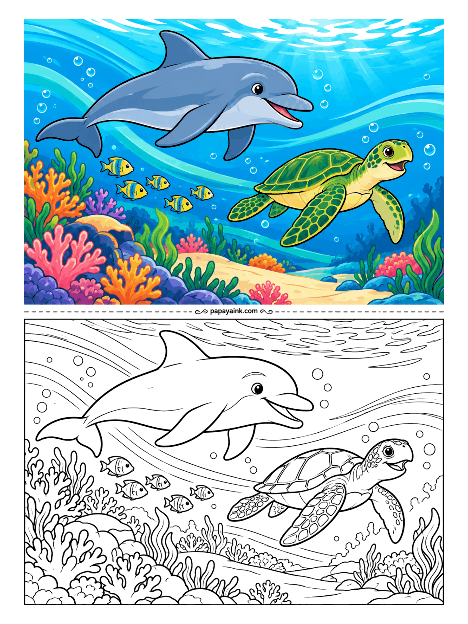 Dolphin Coloring Pages - The fast lane belongs to a sea turtle, and the dolphin has decided to tag along. They ride the same current over a crowded reef, with a little school of striped fish trying to keep up. Detailed - coral, fins and a patterned shell.