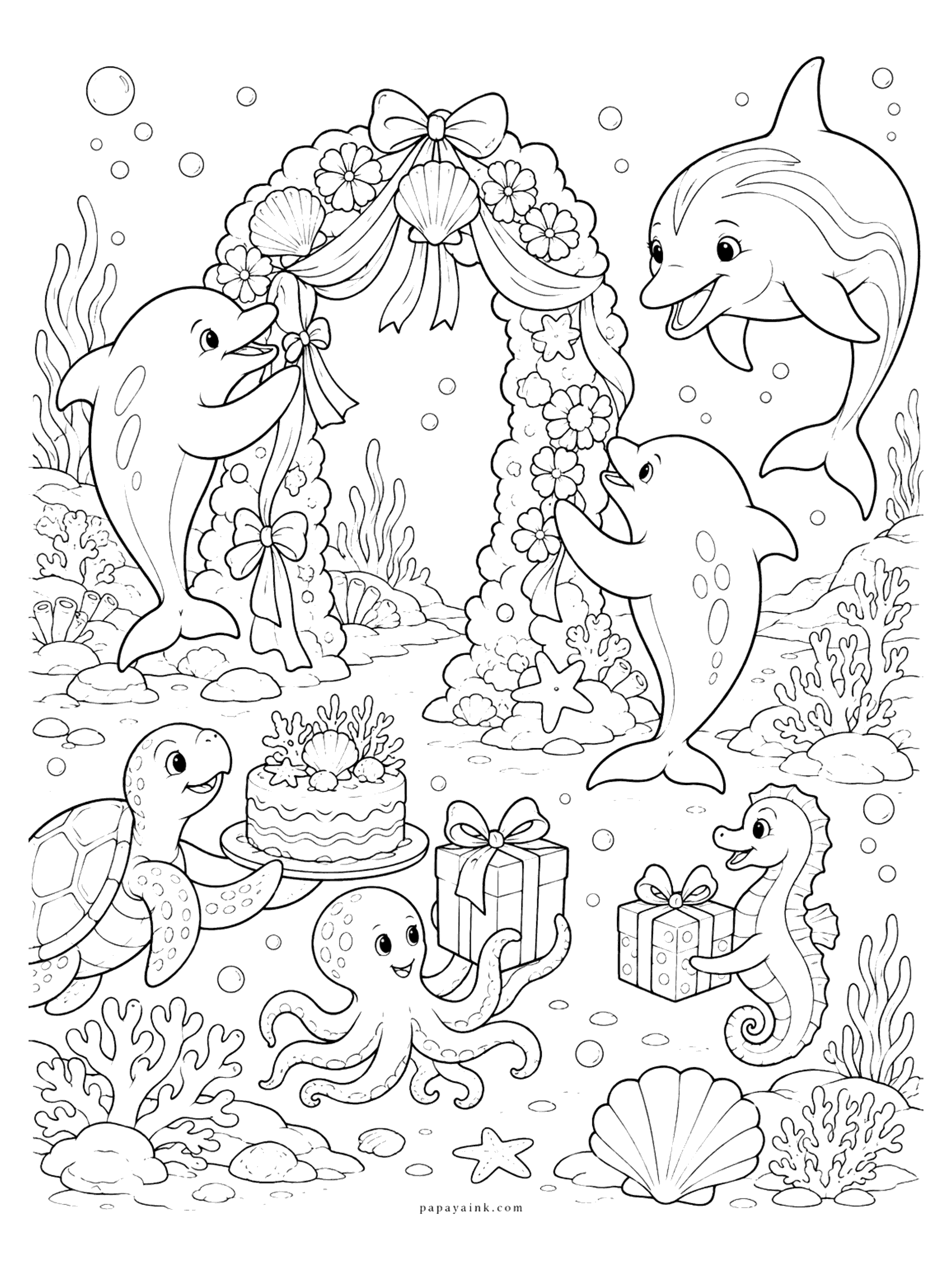 Dolphin Coloring Pages - Dolphin birthday party coloring page: dolphins decorate a flower arch with bows while a turtle brings the cake and an octopus and seahorse carry gifts