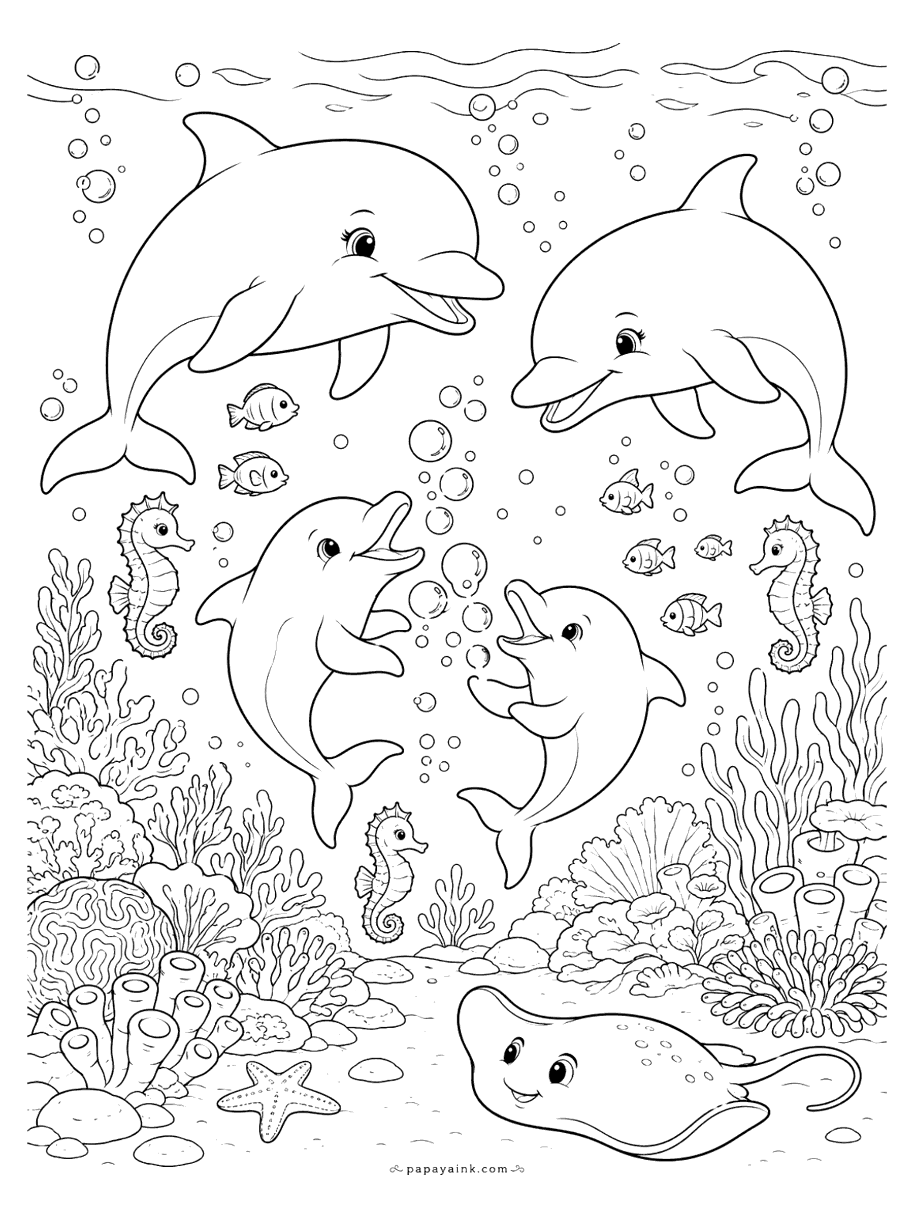 Dolphin Coloring Pages - Dolphin family coloring page: four dolphins swim through bubbles with seahorses, striped fish, a starfish, and a smiling stingray on the reef floor