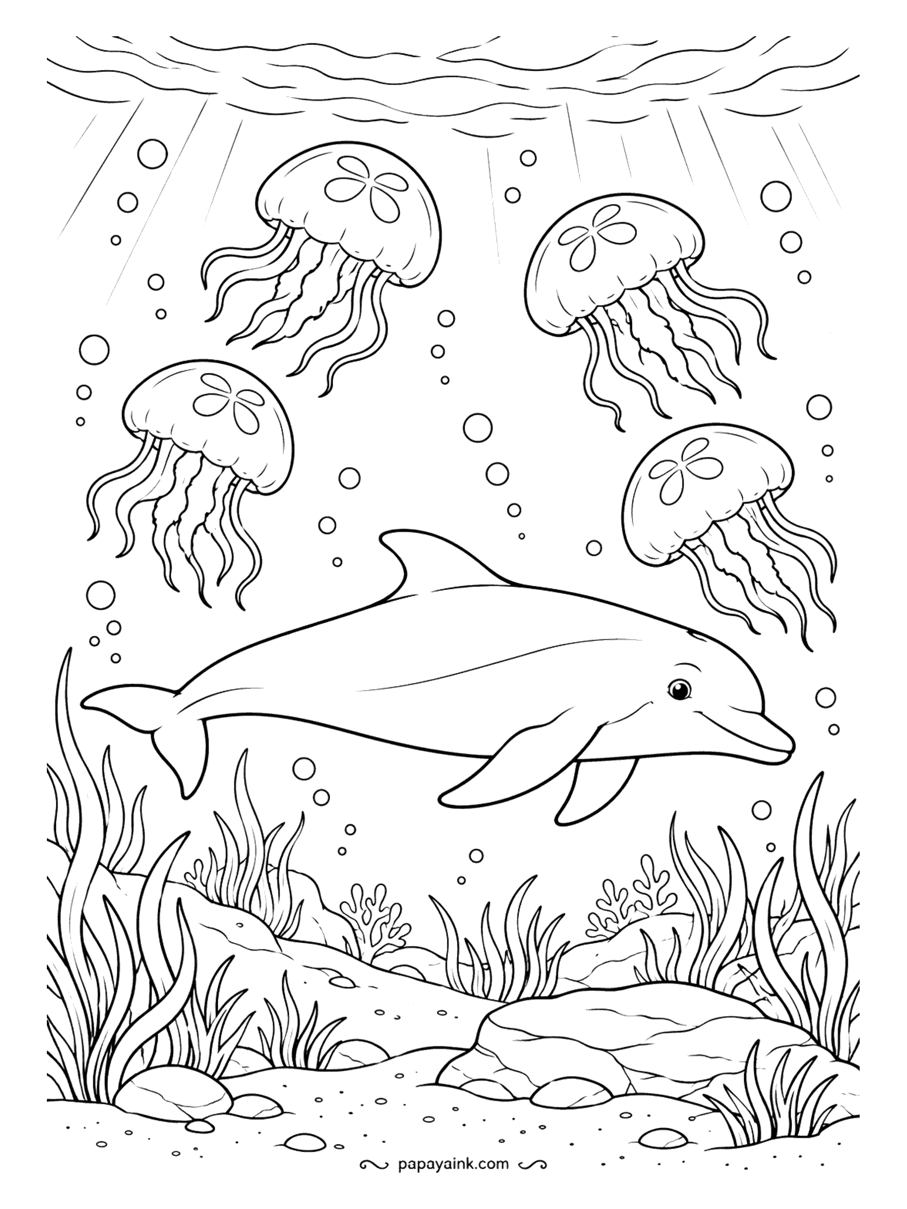 Dolphin Coloring Pages - Moon jellies are easy to spot by the four-leaf pattern on their bells, and a ring of them hangs above the dolphin like a mobile over a crib. Rocks and grass below. Pale blues and violets keep the jellies glassy.