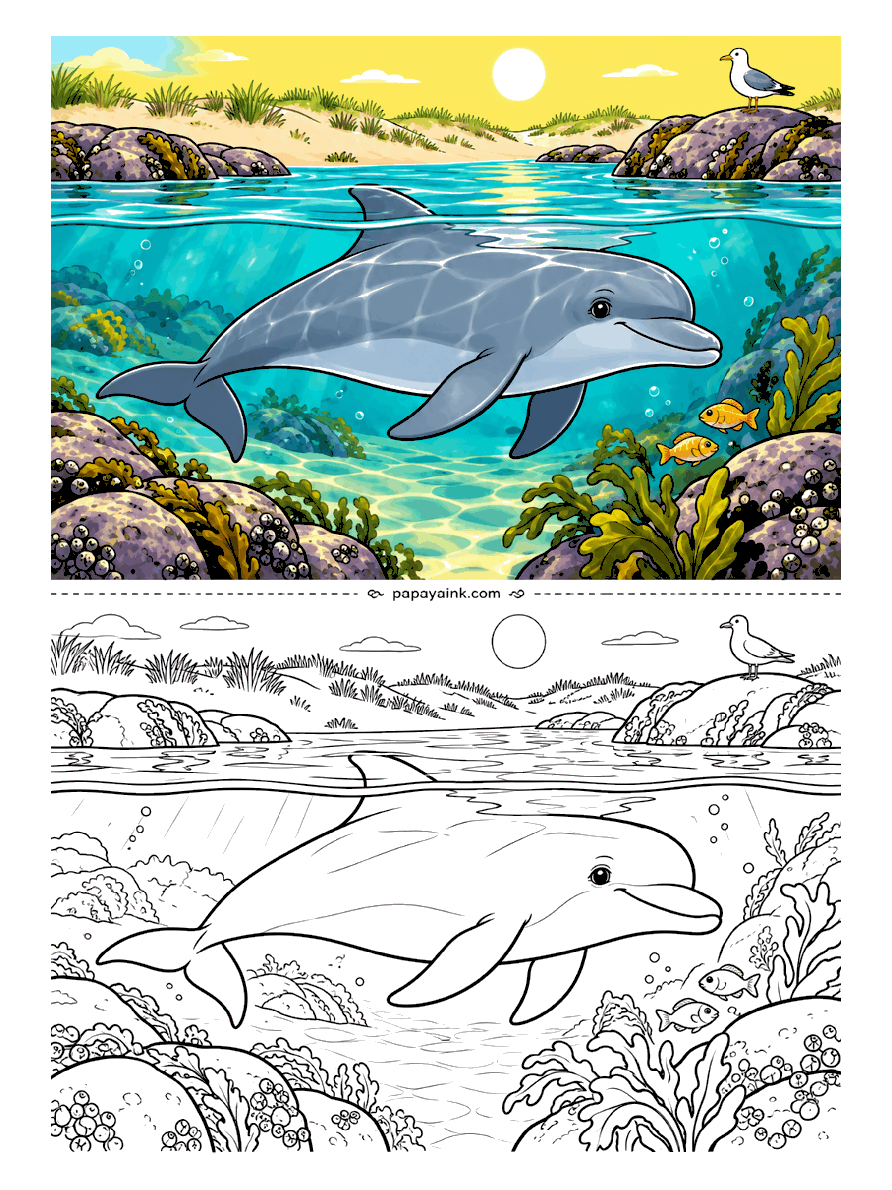 Dolphin Coloring Pages - Low tide has left a sheltered cove between dark boulders, calm enough to see every pebble. The dolphin lingers in the shallows, a gull keeps watch from the rocks, and the sun hangs over the dunes. Detailed - barnacles, kelp and beach grass.