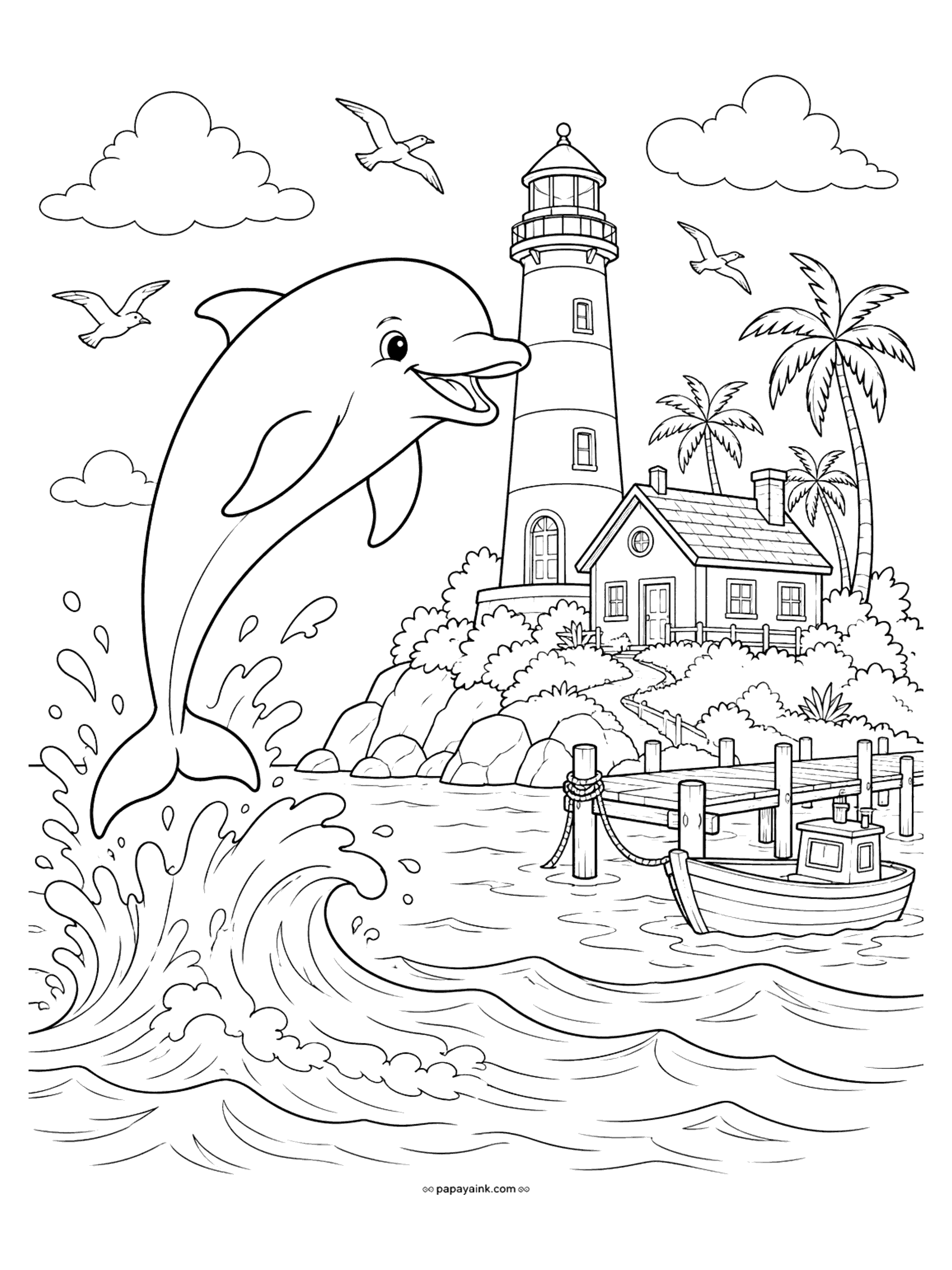 Dolphin Coloring Pages - Dolphin jumping out of the water coloring page: a big splashing wave, a striped lighthouse, palm trees, seagulls, and a little fishing boat at the dock
