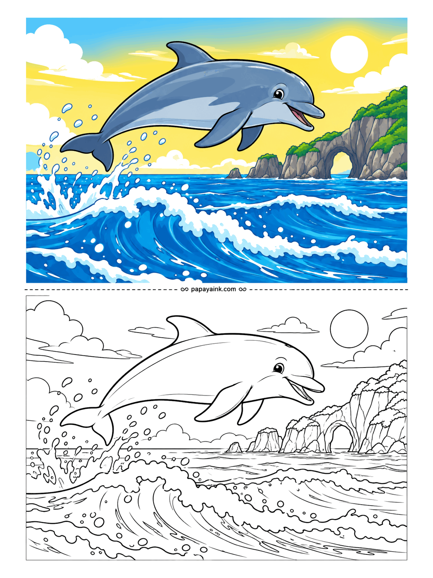 Dolphin Coloring Pages - Airborne. The dolphin clears a foaming ridge of surf in one clean arc, with sea cliffs and a stone arch on the horizon. Big wave shapes make this a quick page to finish with markers; save the fine work for the cliffs.