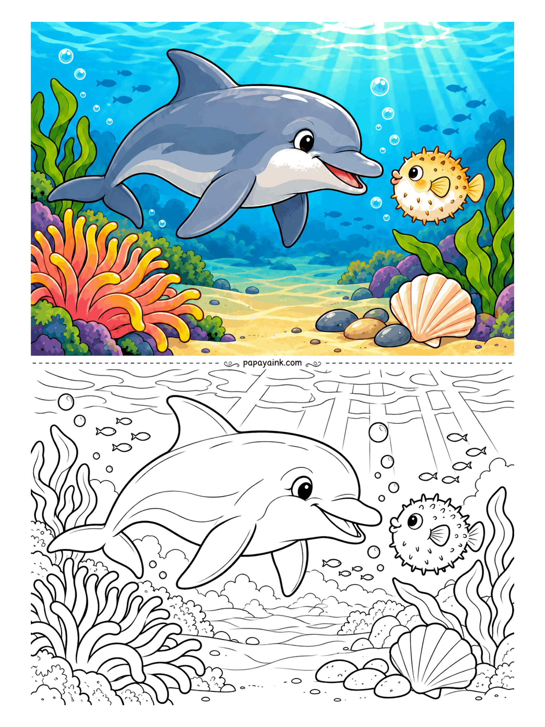 Dolphin Coloring Pages - First meeting with a pufferfish, and everyone is being very careful. The puffer has inflated just in case; the dolphin is smiling just in case. Bold outlines and wide spaces make this one of the friendliest pages for younger colorists.