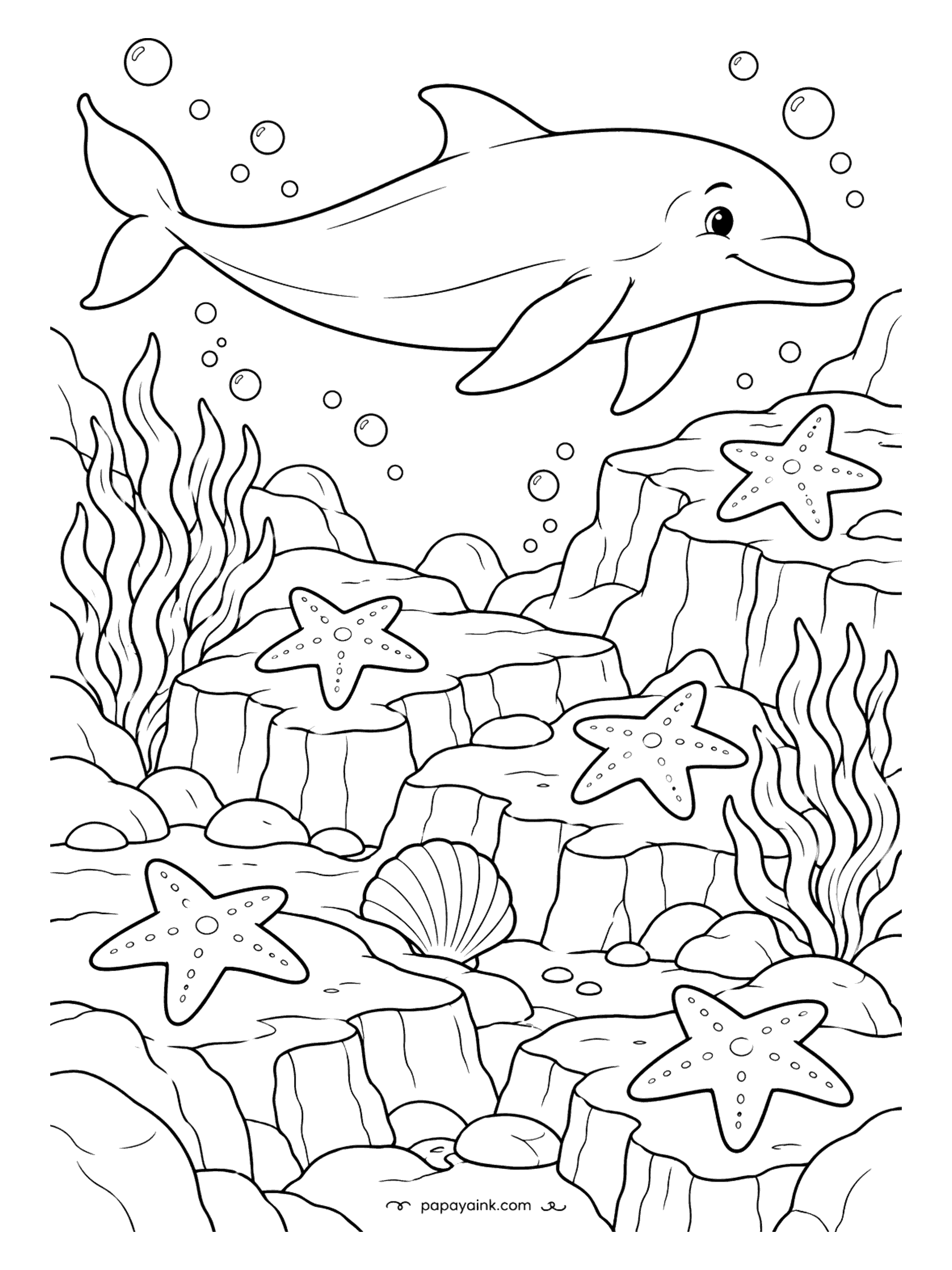 Dolphin Coloring Pages - Starfish crowd a rocky ledge to sun themselves, which is about as busy as a starfish day ever gets. The dolphin cruises past overhead without stopping. Big shell, simple rocks - a calm page with room for bright colors.