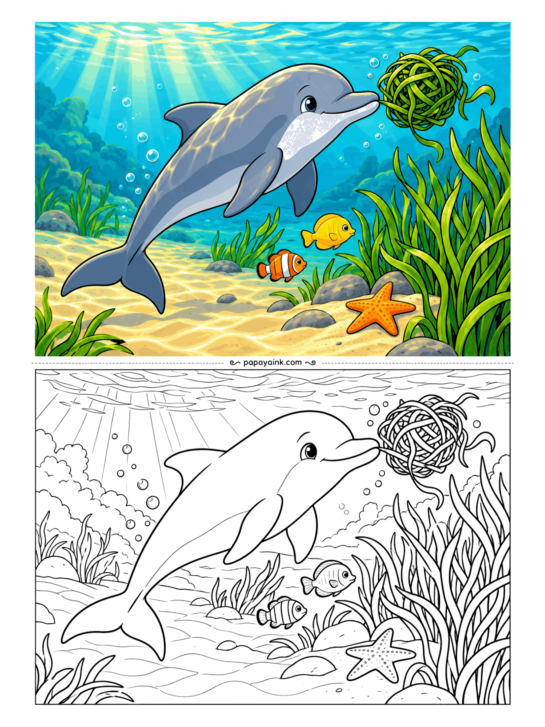 Dolphin Coloring Pages - Seagrass makes a fine toy if you have a snout to balance it on. Today's ball is tangled and a little lopsided, and a starfish and two small fish are watching the act from the sand. Medium detail, easy to finish in one sitting.