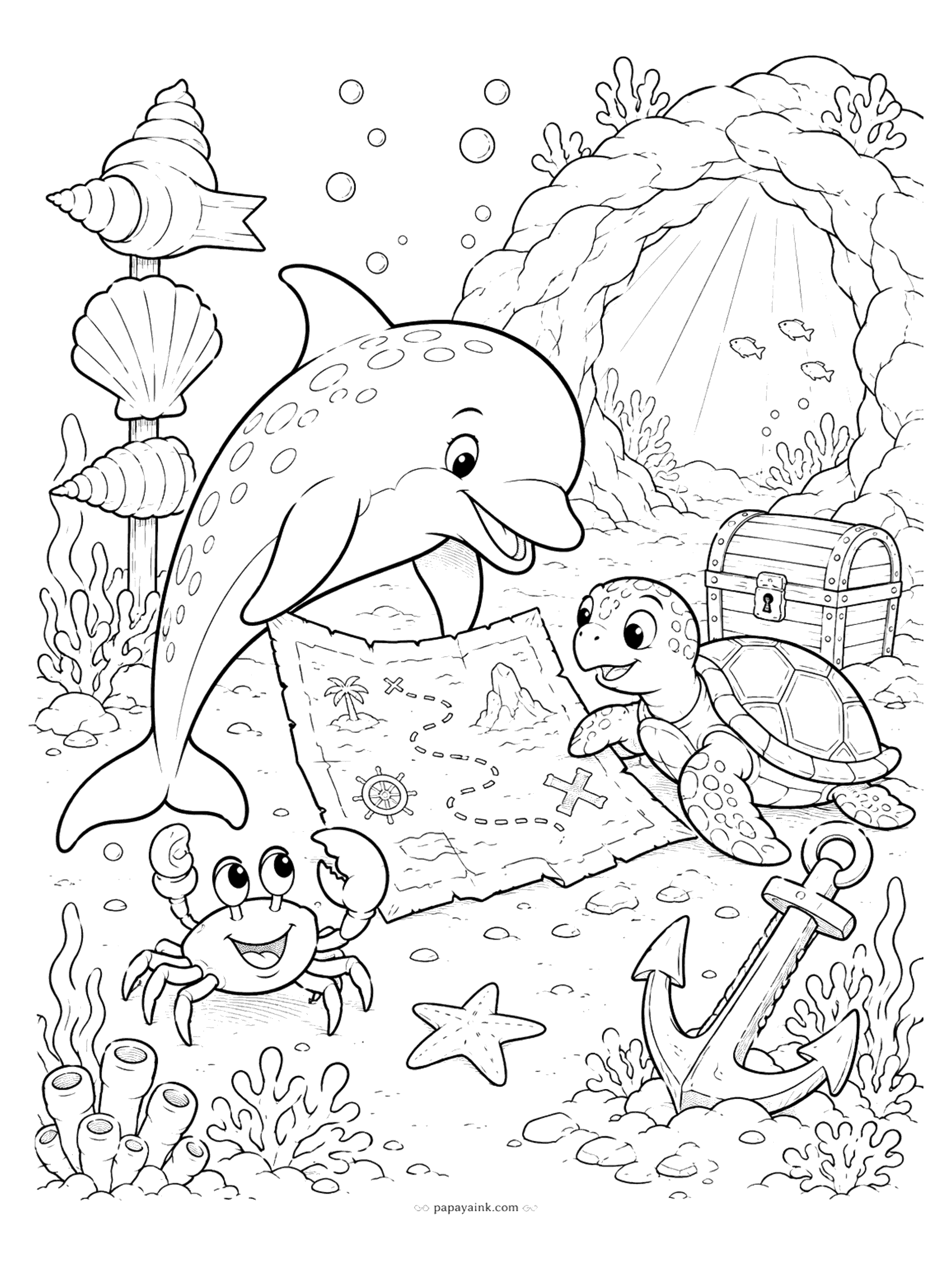 Dolphin Coloring Pages - Dolphin treasure hunt coloring page: a spotted dolphin, a sea turtle, and a crab study a treasure map beside a chest and an old anchor