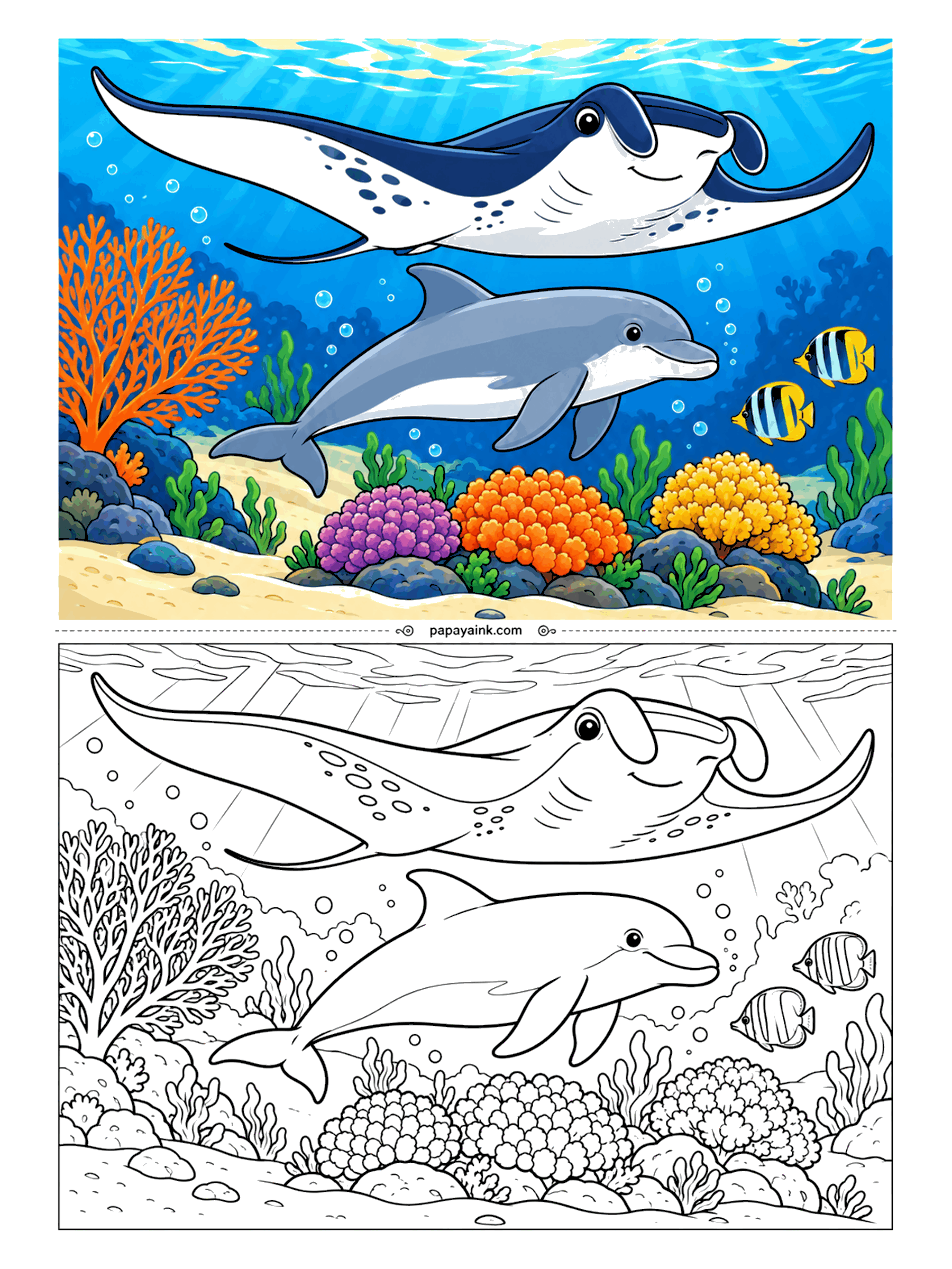 Dolphin Coloring Pages - Overhead, a manta ray glides like a slow, quiet airplane, and the dolphin underneath seems entirely unbothered by the shade. Round coral heads line the sand like a garden border. Try a deep navy back on the manta with a pale belly.