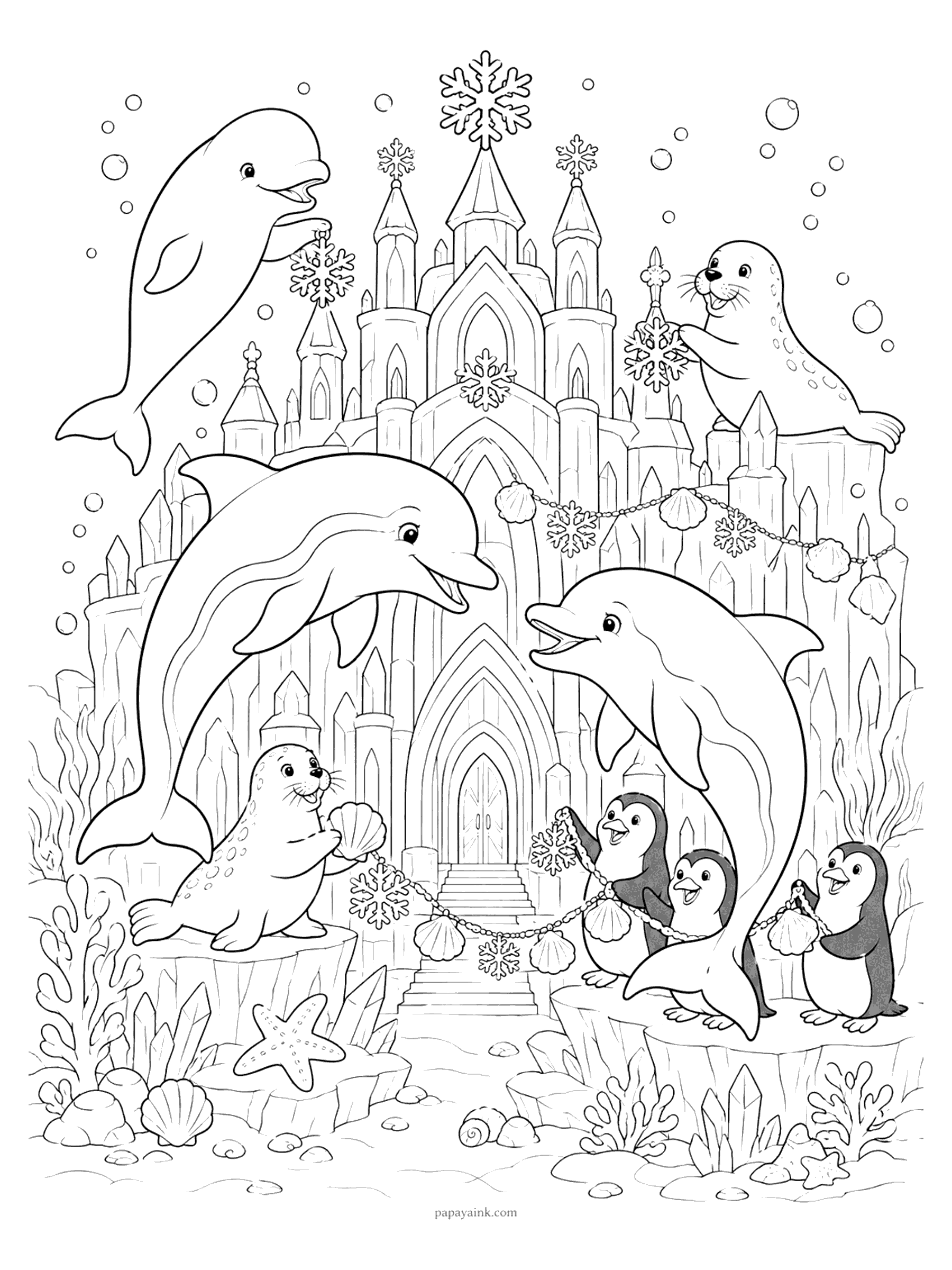 Dolphin Coloring Pages - Dolphins at the ice castle coloring page: dolphins, a beluga, seals, and penguins hang snowflake and seashell garlands on a crystal palace (Detailed)