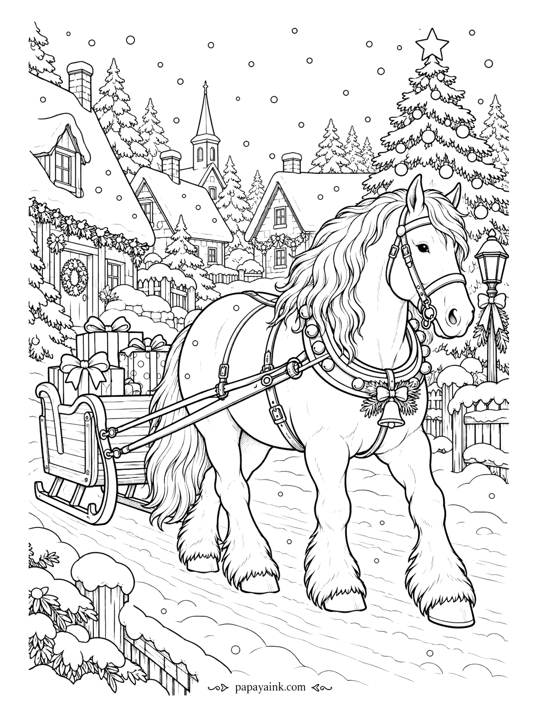 Horse Coloring Pages - Snow falling on the village, bells on the harness, a wreath on the door and a sleigh piled with wrapped presents. The draft horse does the pulling in a halo of flying mane and feathered legs, past a lamp post with a bow and a tree with a star. Detailed.