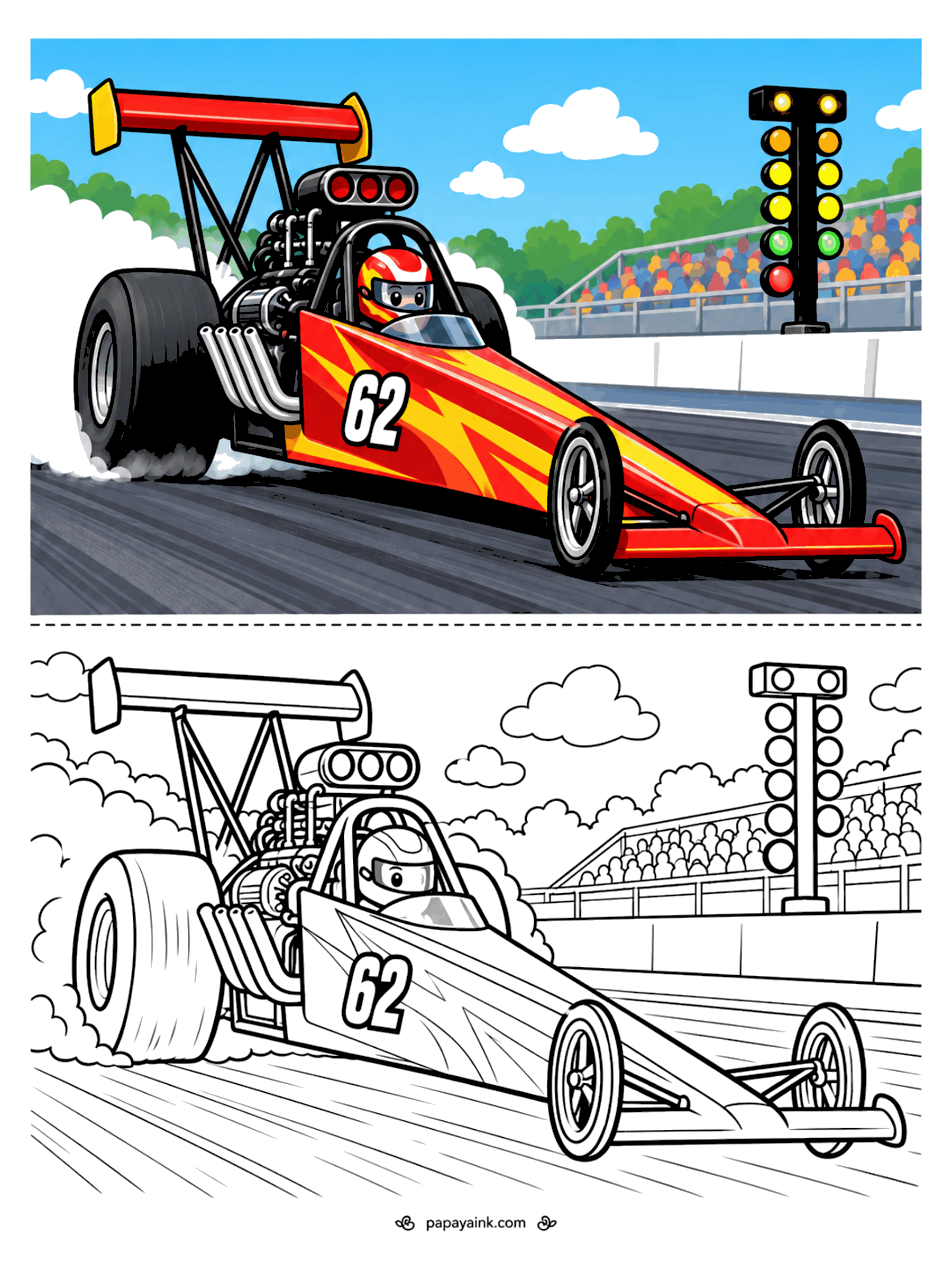 Race Car Coloring Pages - A top fuel dragster doing a burnout on the drag strip with the starting lights tree behind. Detailed