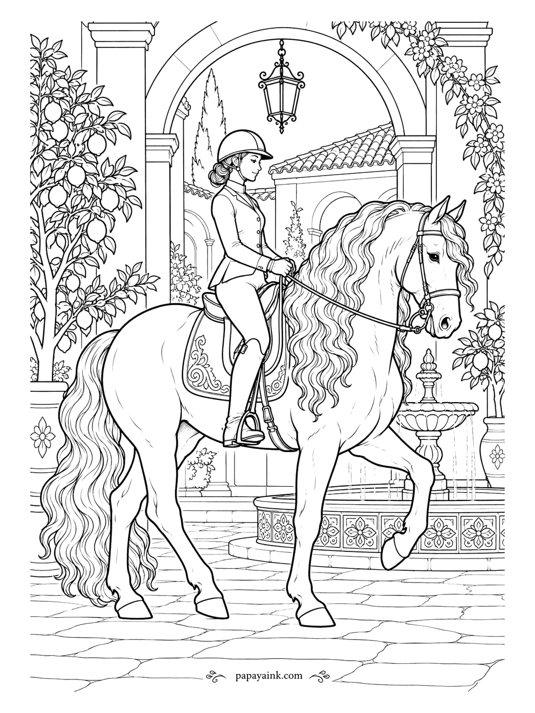Horse Coloring Pages - A collected trot across a courtyard of patterned tiles, past potted citrus trees and a fountain under a lantern arch. The rider sits tall in jacket and boots; the saddle cloth is embroidered. Detailed - tiles, citrus and a mane in long ringlets.