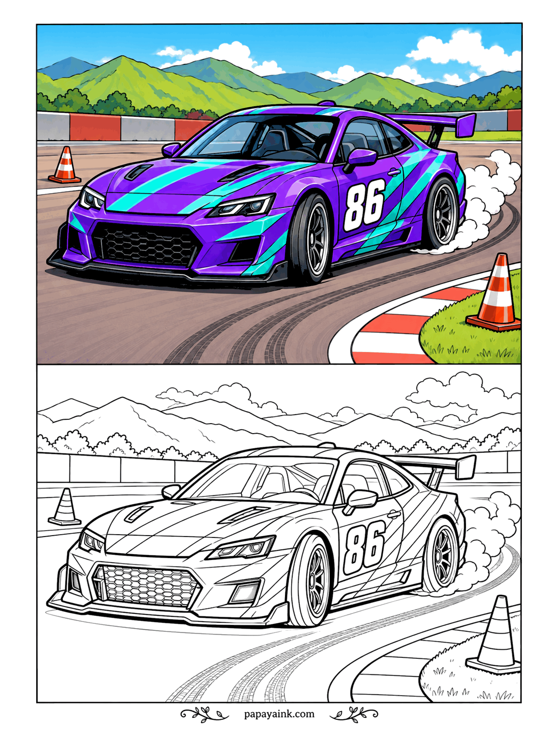 Race Car Coloring Pages - Sideways on purpose. The purple drift coupe slides past the cones with tire smoke rolling off the rear and black arcs left on the asphalt - judges score angle and style, not lap time. Leave the smoke white or soft gray.