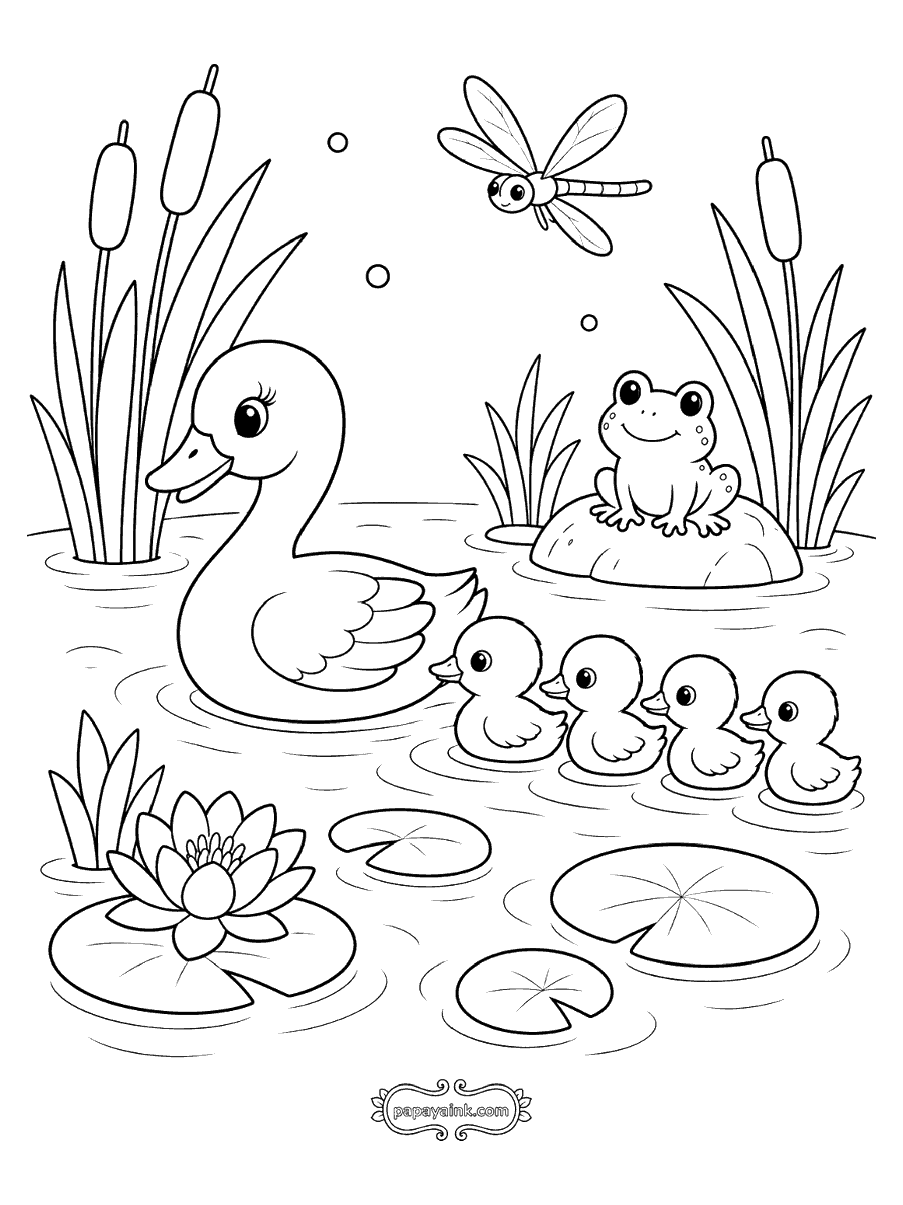 Bird Coloring Pages - Duck Family on the Pond