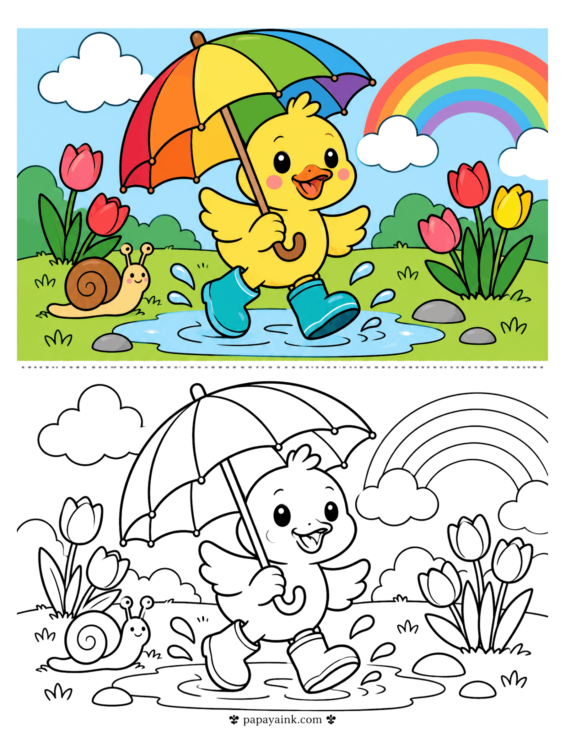 Copy Coloring Pages - Copy coloring page of a duckling in rain boots splashing under a rainbow umbrella, with tulips and a snail