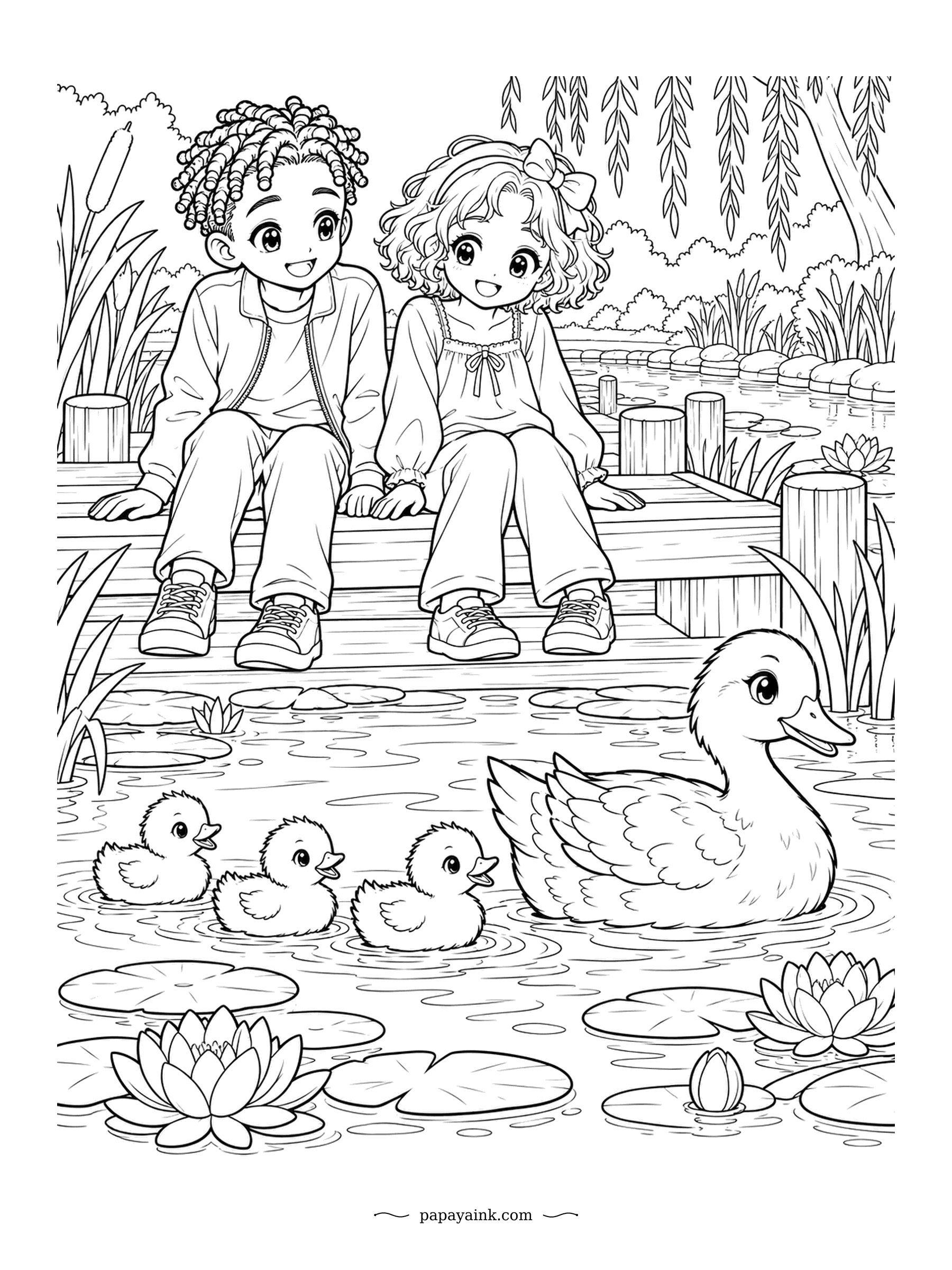 Cute Anime Coloring Pages - Feet dangling from the boardwalk, a curly-haired duo watch a mother duck lead three ducklings past the lilies. A willow trails its branches behind them. Pale yellow ducklings and calm pond blues.