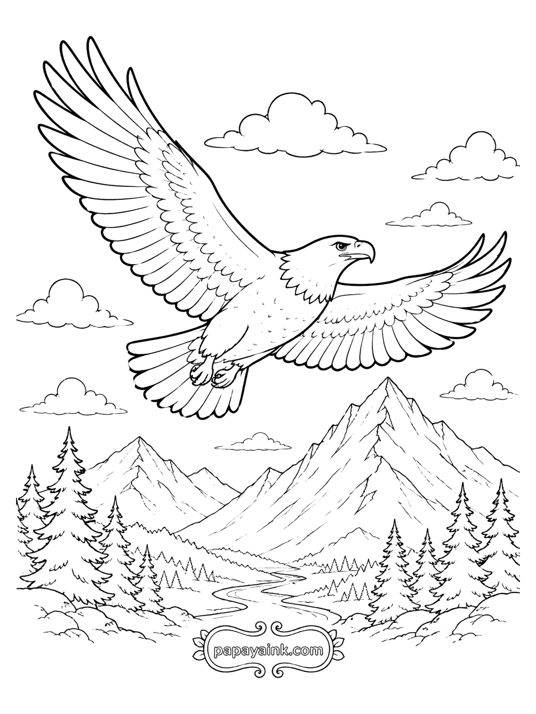 Bird Coloring Pages - Eagle Soaring Over the Mountains (Detailed)