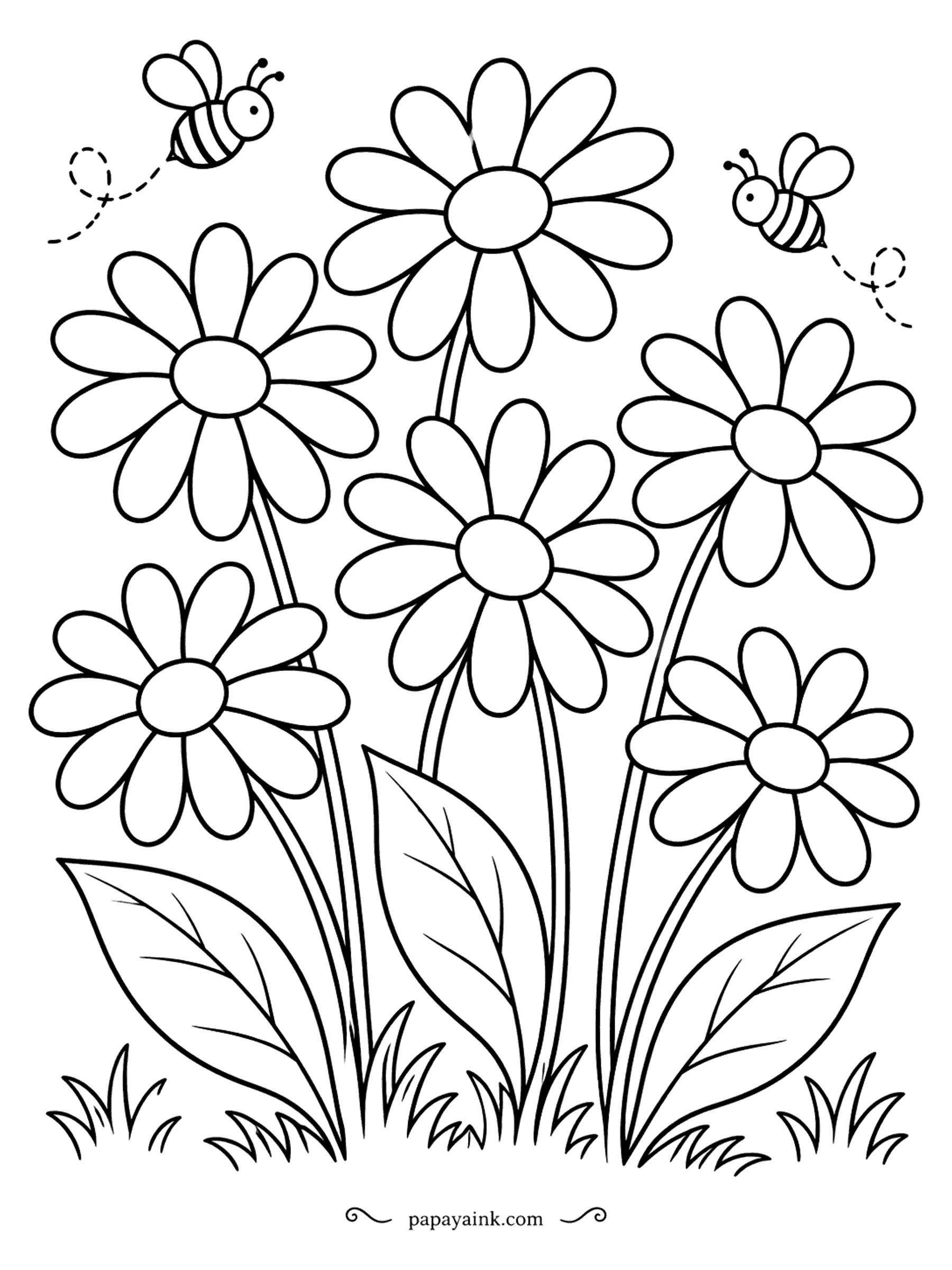 Flower Coloring Pages - Big round daisies with simple petals, and two busy bees trailing dotted flight paths. One of the easiest pages in this collection - made for small hands and fat crayons.