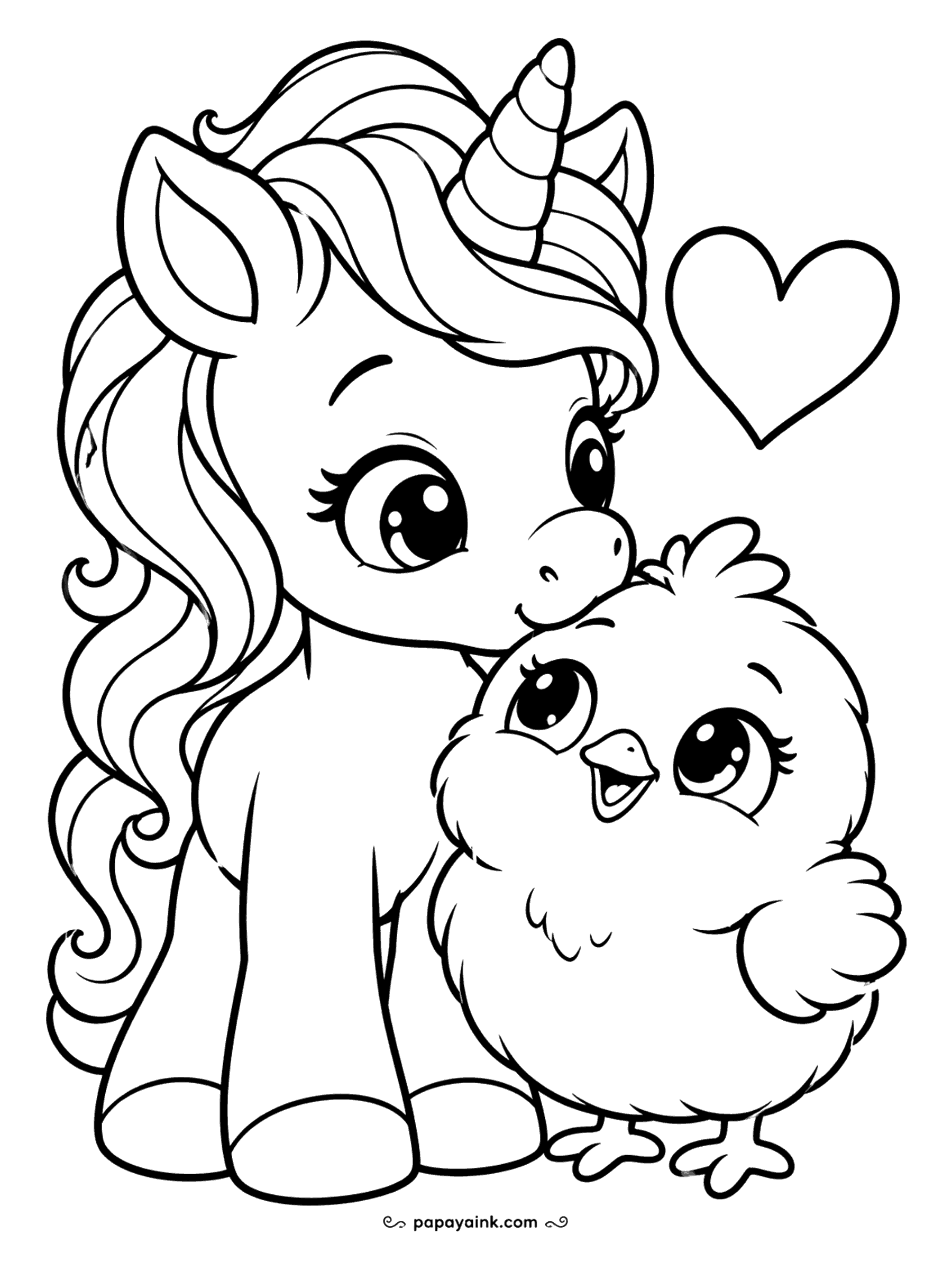 Easy Unicorn Coloring Pages - Gentle unicorn snuggling a round baby chick, with a heart floating above.