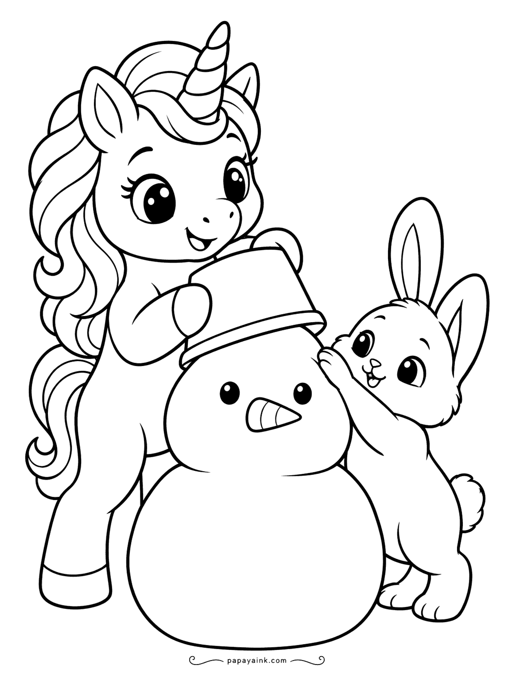 Easy Unicorn Coloring Pages - Unicorn and bunny topping a round snowman with a bucket hat.