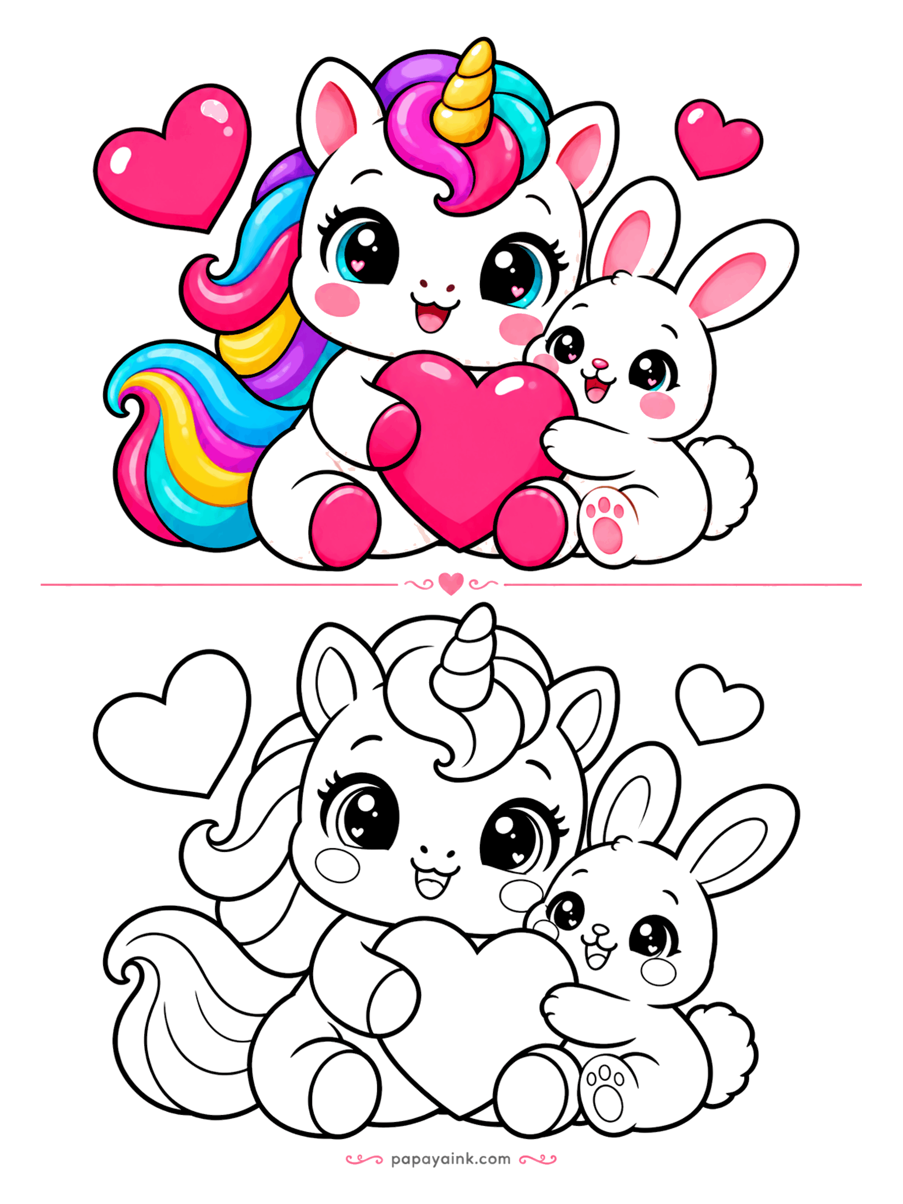 Easy Unicorn Coloring Pages - Unicorn and a fluffy bunny sharing one big heart, with two floating hearts around them.
